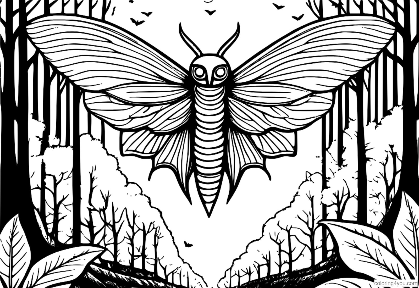 Stranica za bojanje Flying Mothman u tamnoj šumi Stranica za bojanje Flying Mothman u tamnoj šumi