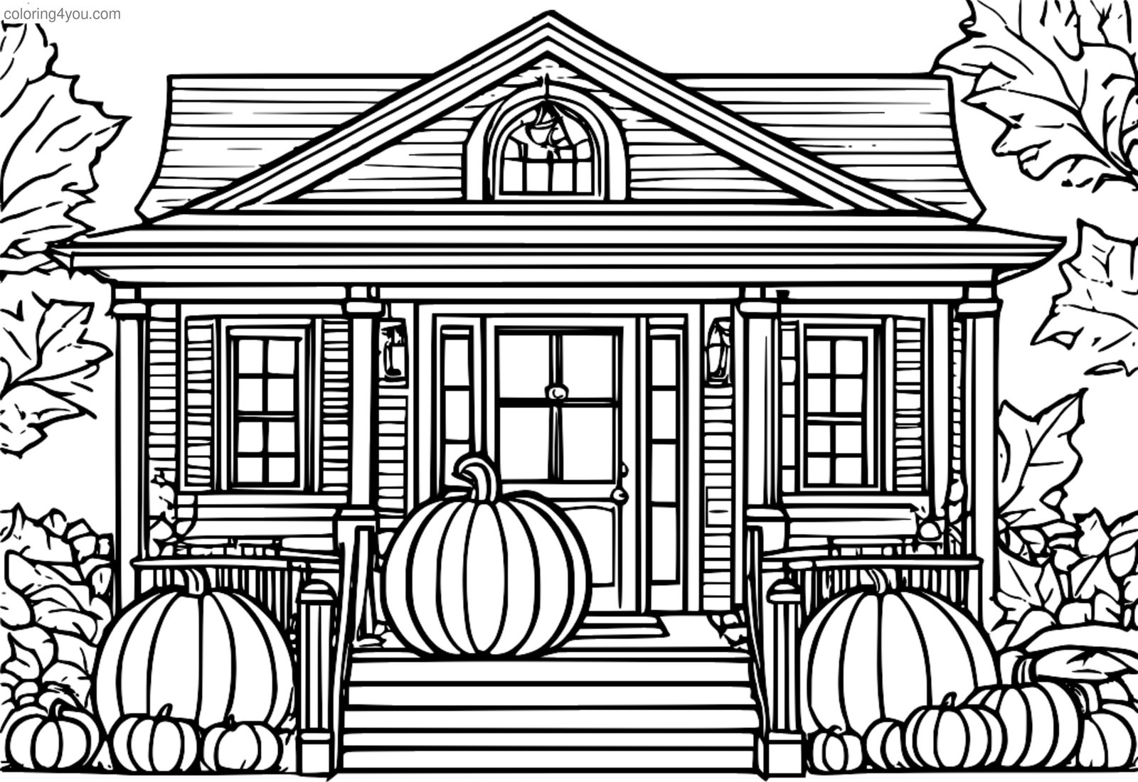 Pumpkin mór ar phóirse le doras dearg, maisithe le scairf buí agus duilleoga glasa. Pumpkin mór ar phóirse le doras dearg, maisithe le scairf buí agus duilleoga glasa.