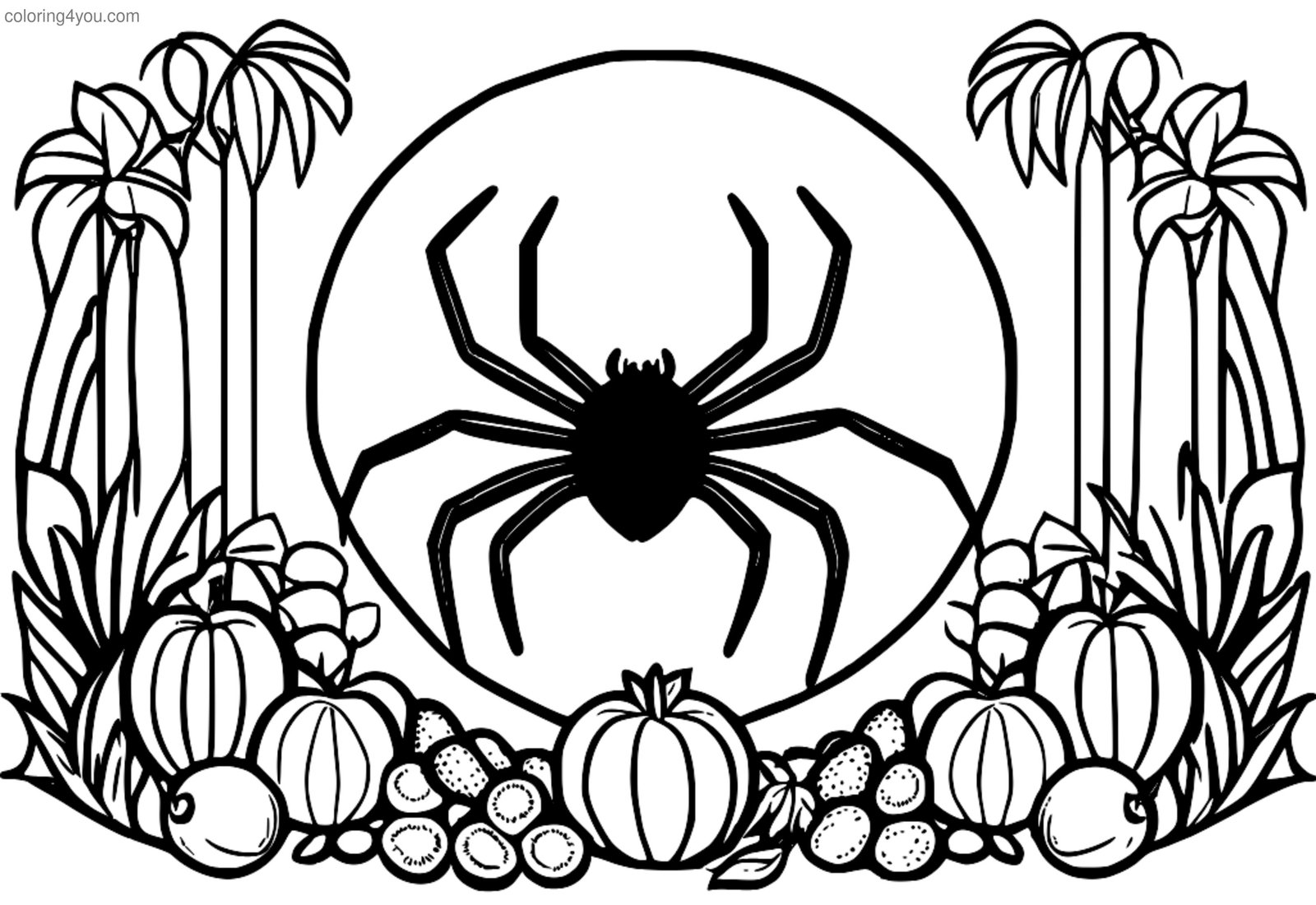Anansi pauk okružen lišćem iz džungle, sa šarenom košarom voća i bobica Anansi pauk okružen lišćem iz džungle, sa šarenom košarom voća i bobica