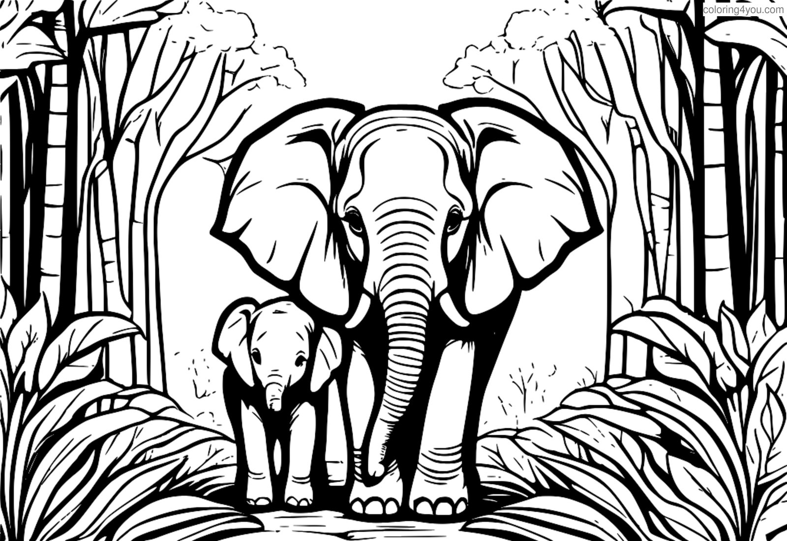 Söt illustration av en babyelefant som leker med sin mamma i skogen Söt illustration av en babyelefant som leker med sin mamma i skogen