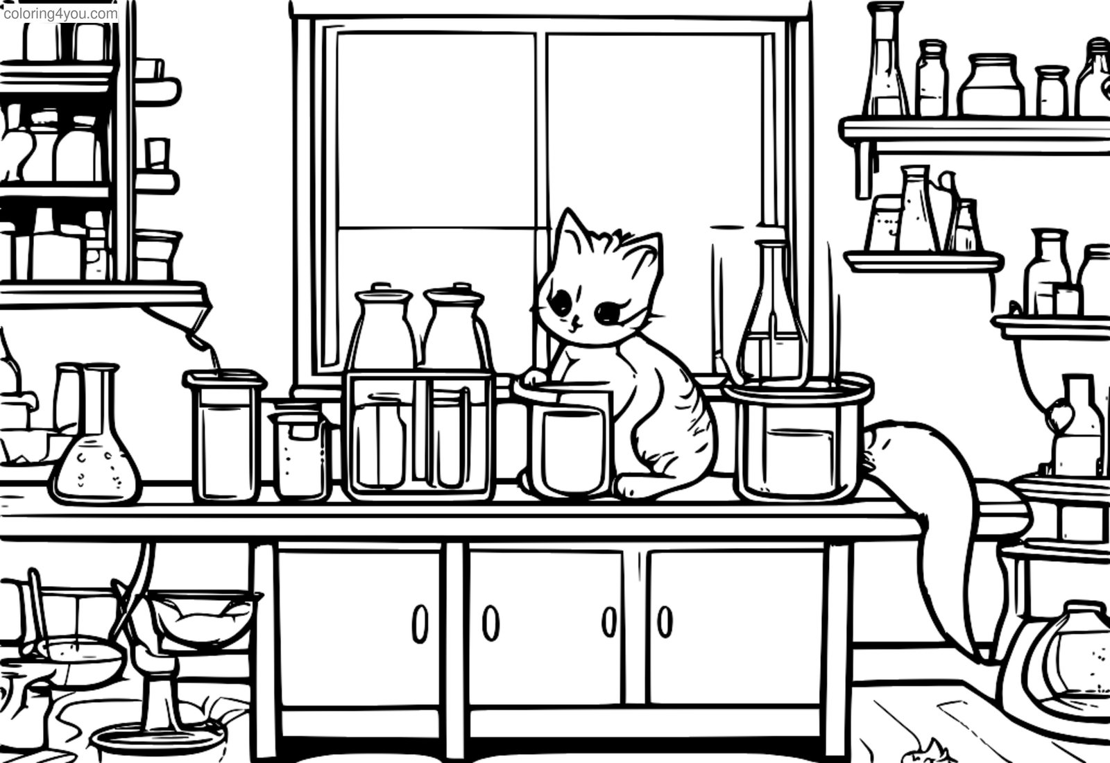 Fissa il gatto e il gatto in piedi in un laboratorio scientifico con misurini e cucchiai Fissa il gatto e il gatto in piedi in un laboratorio scientifico con misurini e cucchiai