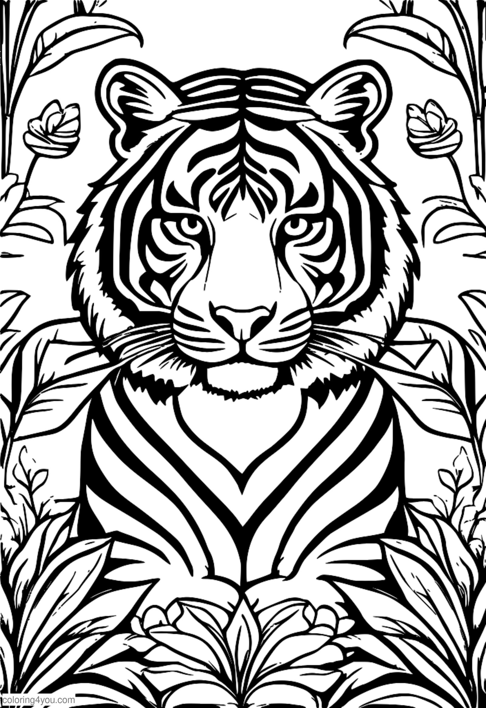 Tigre avec une fleur dans la bouche dans une jungle Tigre avec une fleur dans la bouche dans une jungle