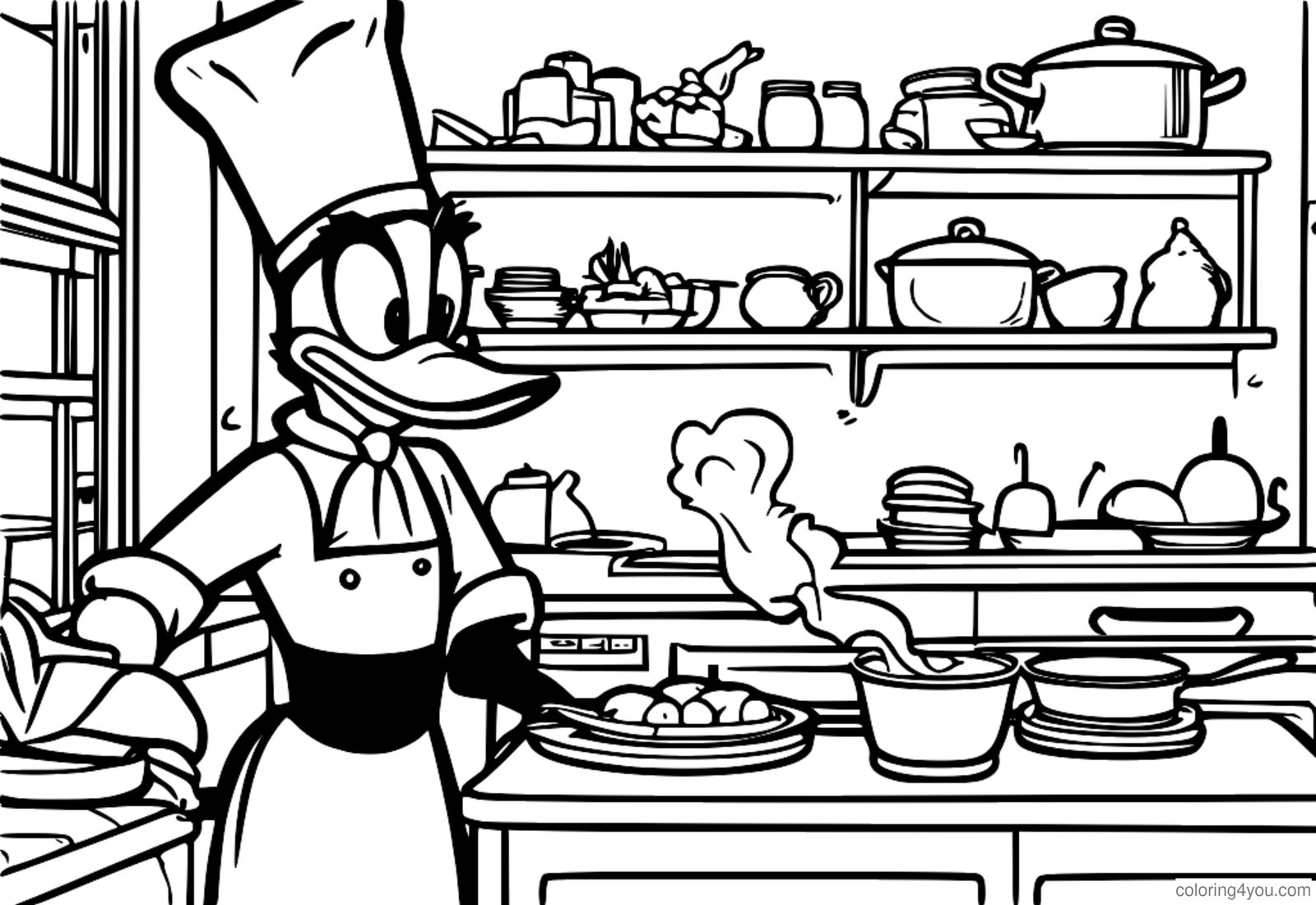 Daffy Duck memasak di dapur dengan topi tukang masak Daffy Duck memasak di dapur dengan topi tukang masak