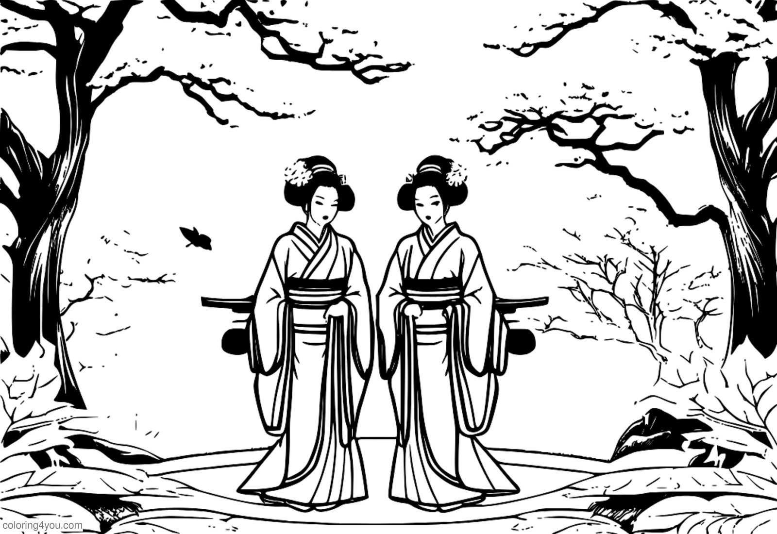 Një grup geishash të veshura me kimono tradicionale japoneze me modele gjethesh të vjeshtës Një grup geishash të veshura me kimono tradicionale japoneze me modele gjethesh të vjeshtës