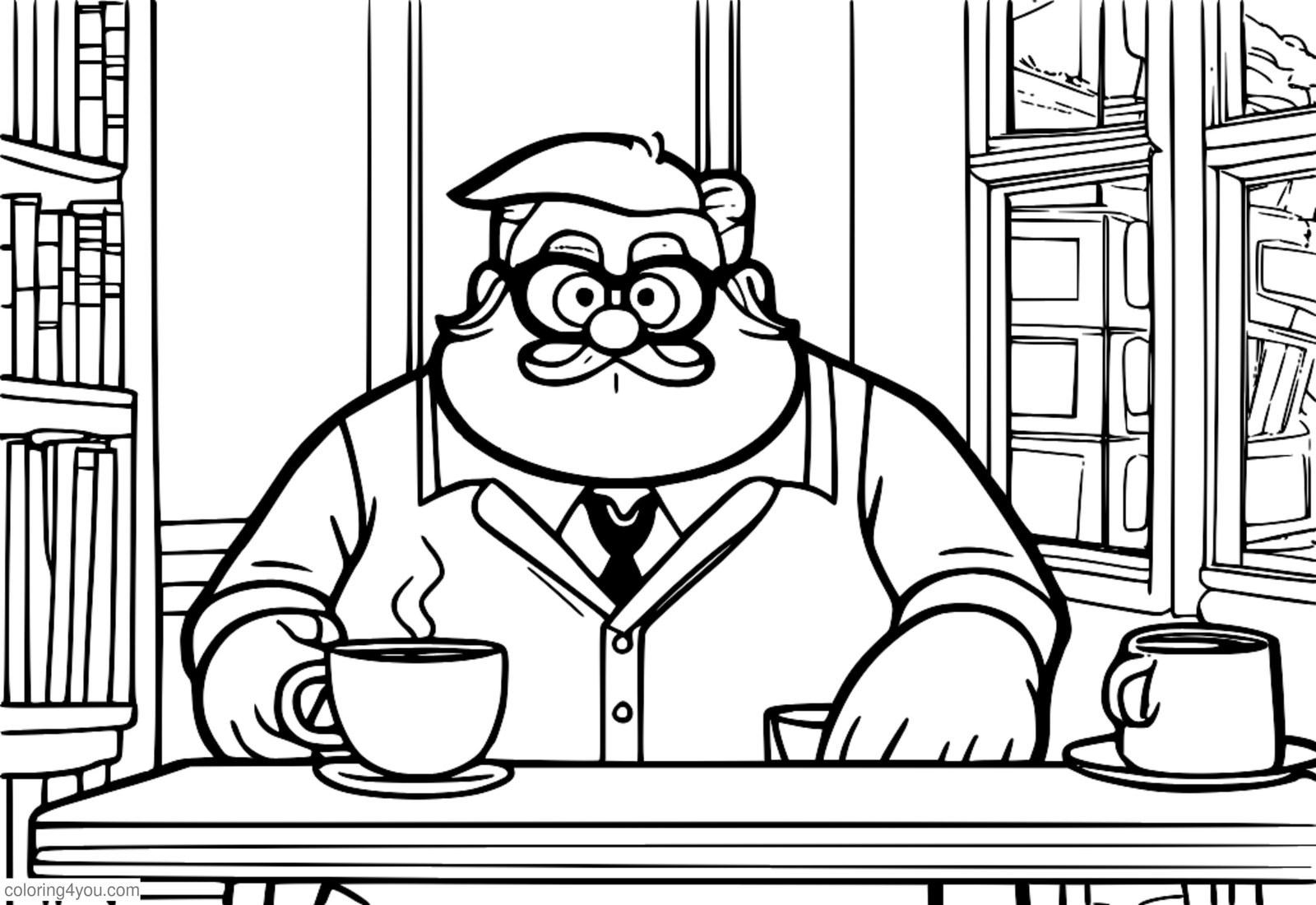 Grunkle Stan s knírkem a šálkem kávy vypadá nevrle Grunkle Stan s knírkem a šálkem kávy vypadá nevrle