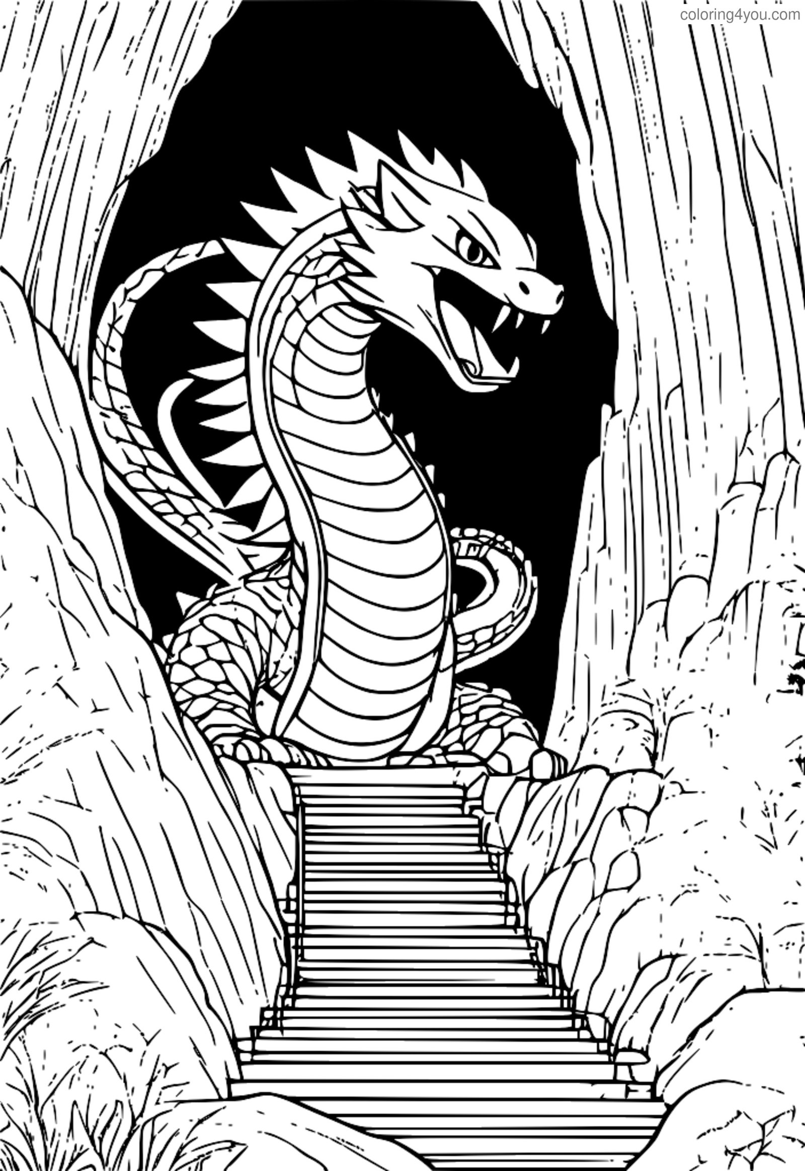 Dibujo para colorear de Cobra del anime Fairy Tail con fondo de cueva. Dibujo para colorear de Cobra del anime Fairy Tail con fondo de cueva.