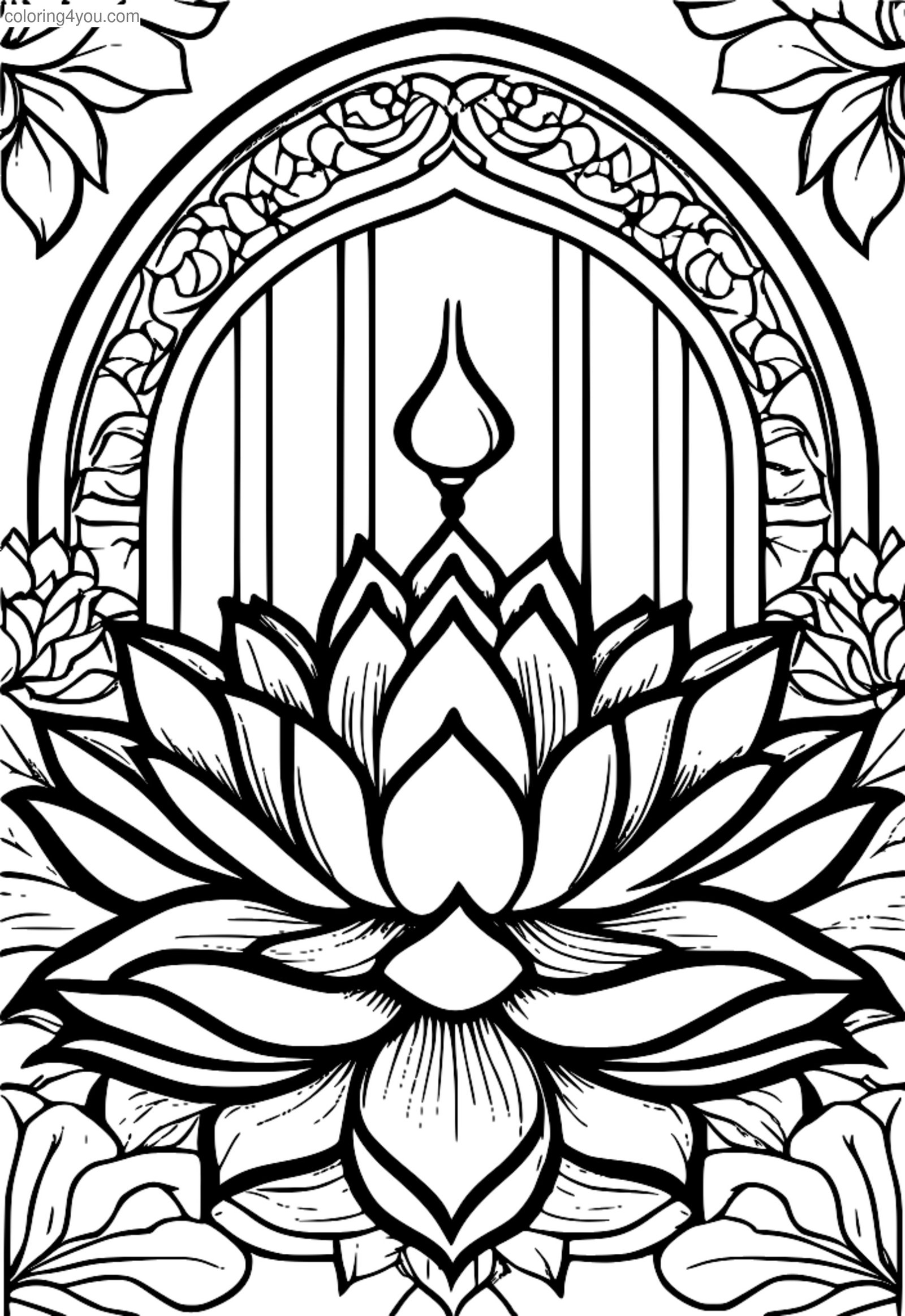 Hindu stila ziedu vainags ar lotosa ziediem un svētiem simboliem, ko bērni var izkrāsot. Hindu stila ziedu vainags ar lotosa ziediem un svētiem simboliem, ko bērni var izkrāsot.