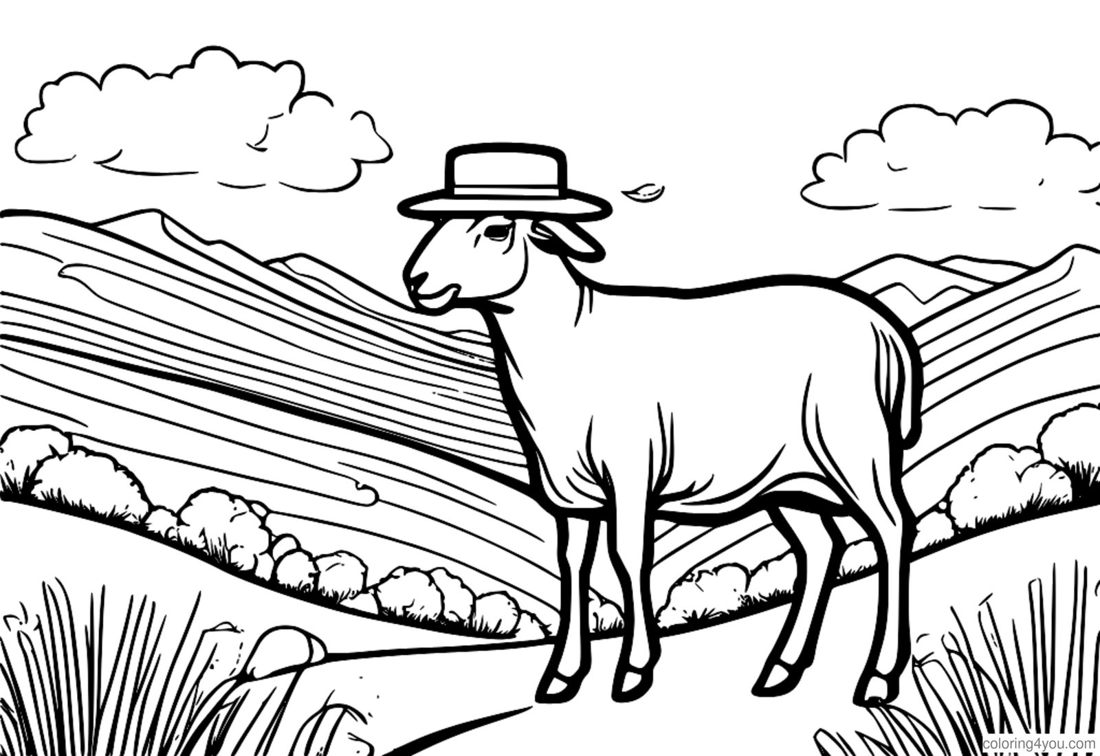 Coloring page of a sheep wearing a hat standing next to a shepherd Coloring page of a sheep wearing a hat standing next to a shepherd