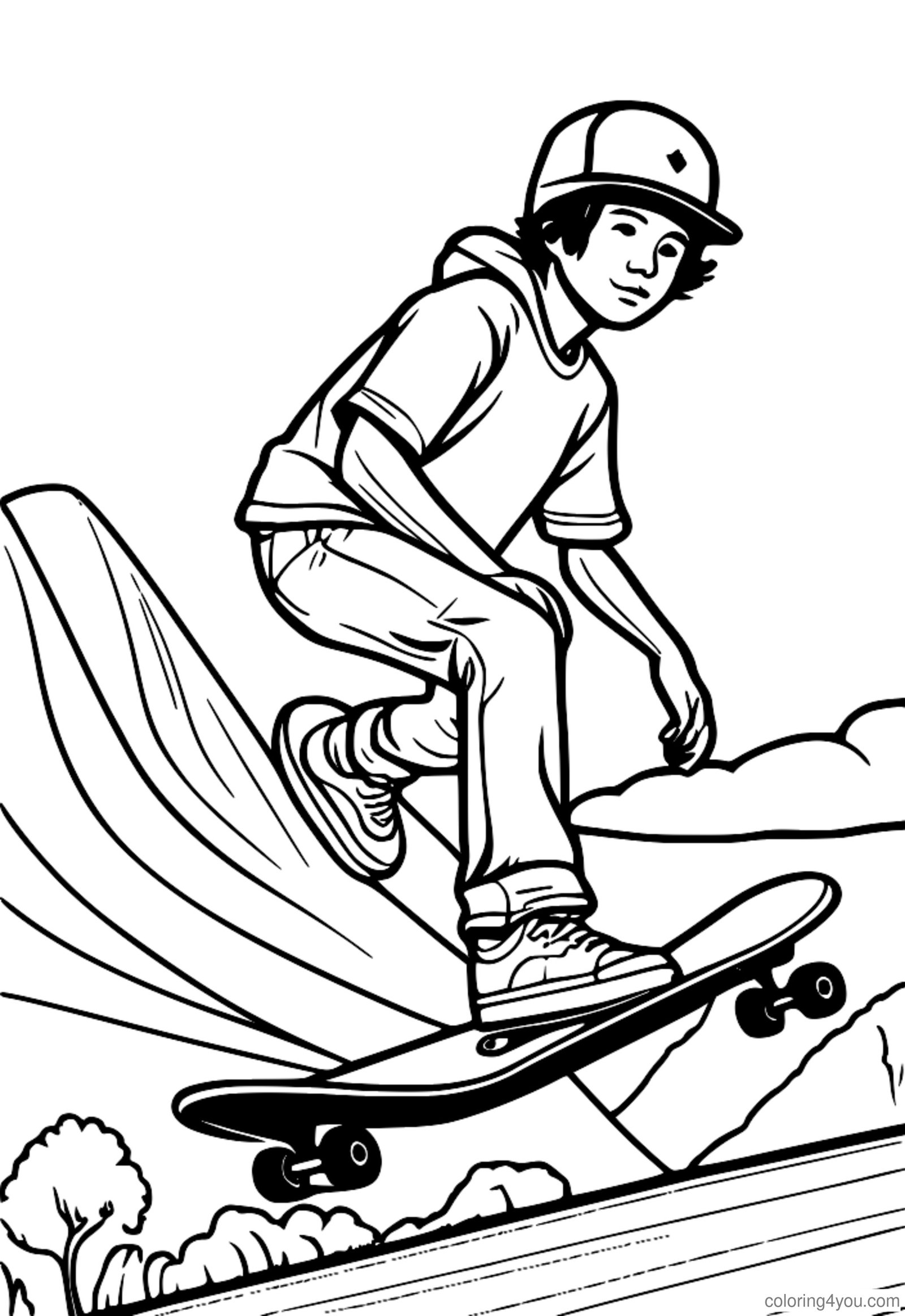 Ein Skateboarder, der mit einem klassischen Skateboard einen Hügel hinunterfährt. Ein Skateboarder, der mit einem klassischen Skateboard einen Hügel hinunterfährt.
