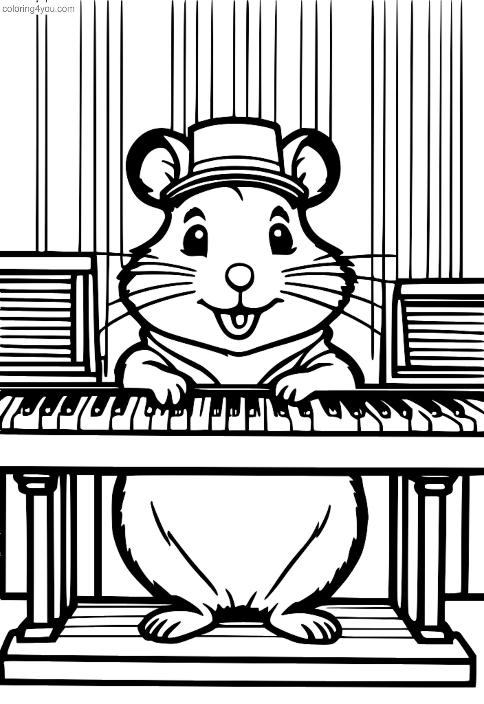 Criceto che suona il piano, indossa un minuscolo cappello musicale e sorride Criceto che suona il piano, indossa un minuscolo cappello musicale e sorride