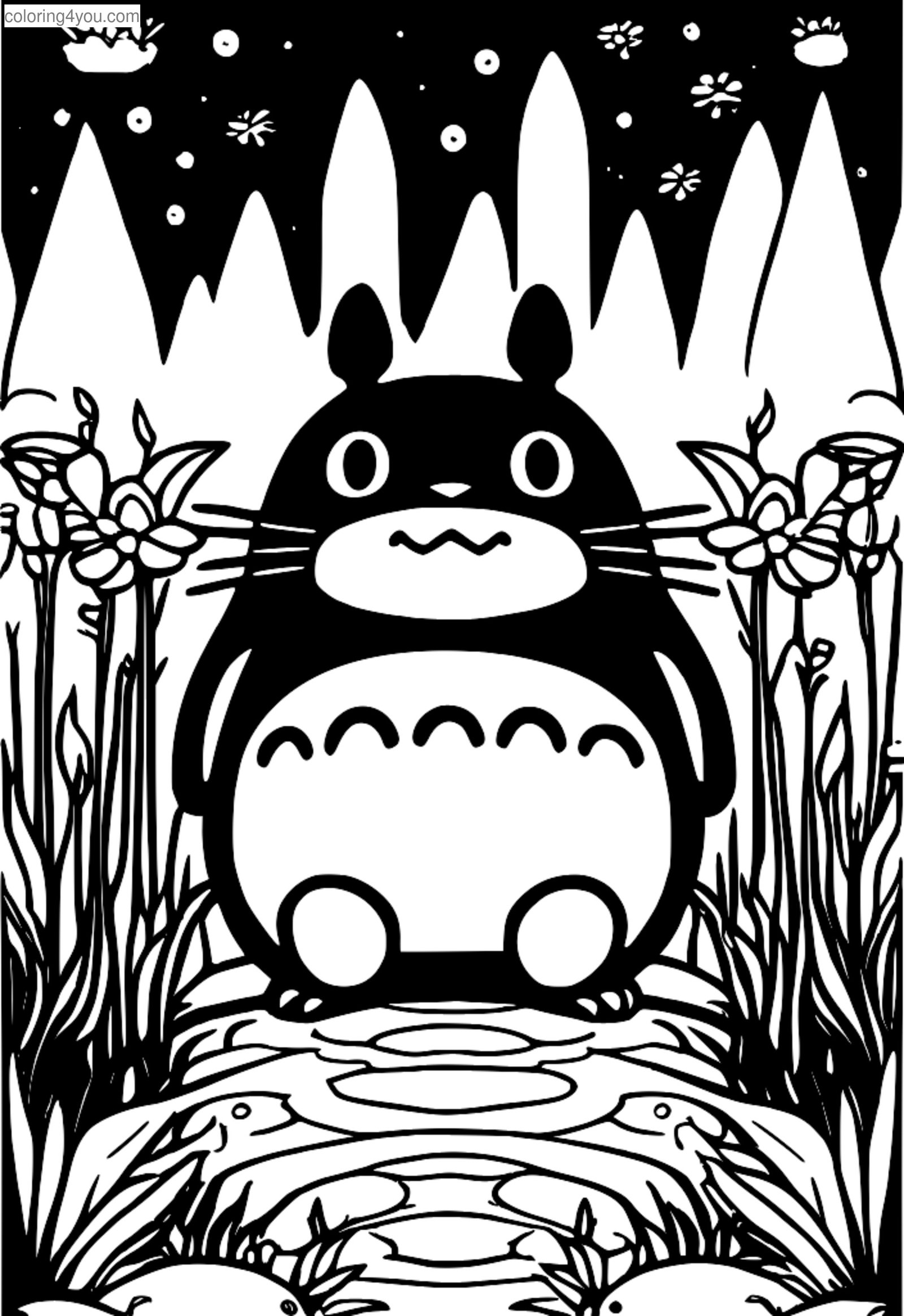Duendes de hollín jugando en un prado lleno de flores coloridas con Totoro mirando desde la distancia. Duendes de hollín jugando en un prado lleno de flores coloridas con Totoro mirando desde la distancia.