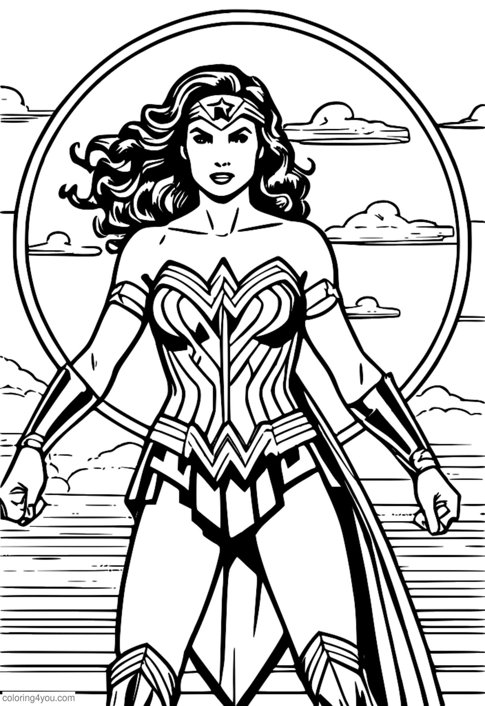 Pagina de colorat retro cu Wonder Woman ținându-și Lassoul Adevărului, cu un design clasic și nostalgic. Pagina de colorat retro cu Wonder Woman ținându-și Lassoul Adevărului, cu un design clasic și nostalgic.