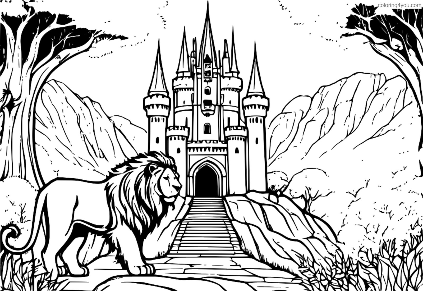 Coloriages d'Aslan, symbole du bien contre le mal à Narnia, avec le château de la Sorcière Blanche en arrière-plan Coloriages d'Aslan, symbole du bien contre le mal à Narnia, avec le château de la Sorcière Blanche en arrière-plan