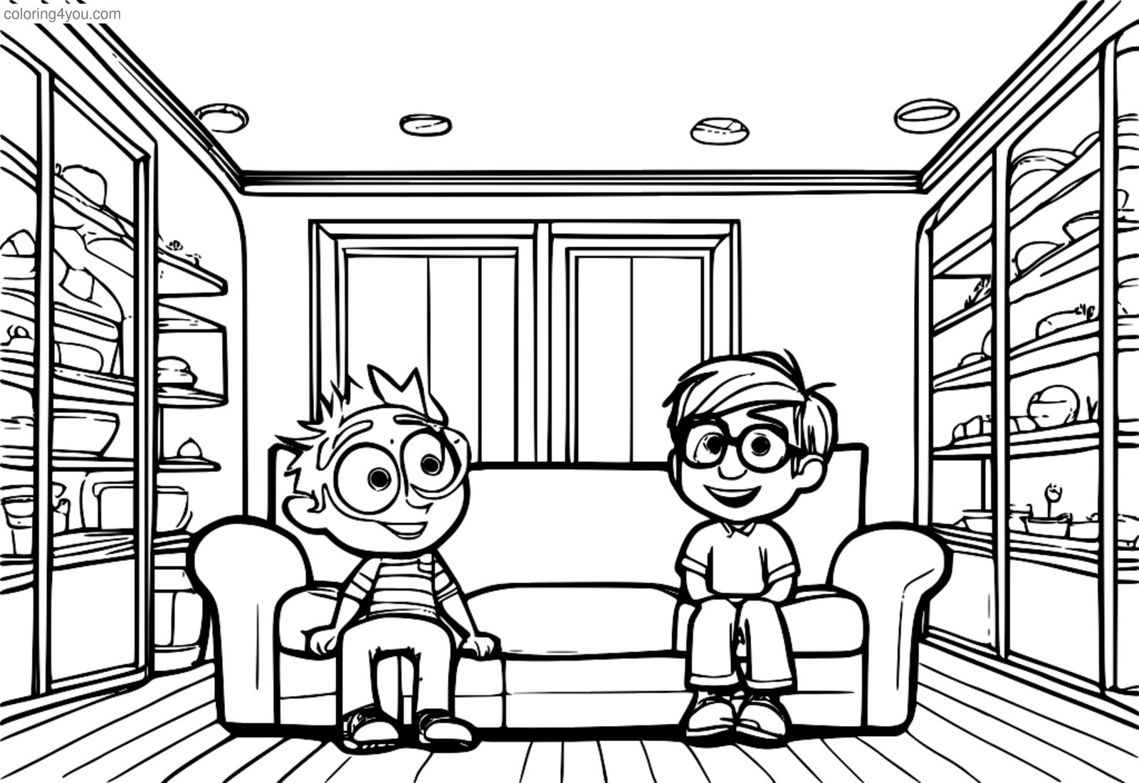 Pagina da colorare di Bill ed Eclair di Inside Out, insieme e ridono. Pagina da colorare di Bill ed Eclair di Inside Out, insieme e ridono.