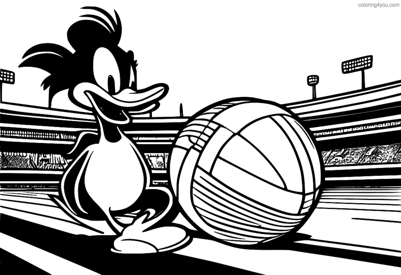 Daffy Duck holder en ball med en sportsstadion i bakgrunnen Daffy Duck holder en ball med en sportsstadion i bakgrunnen