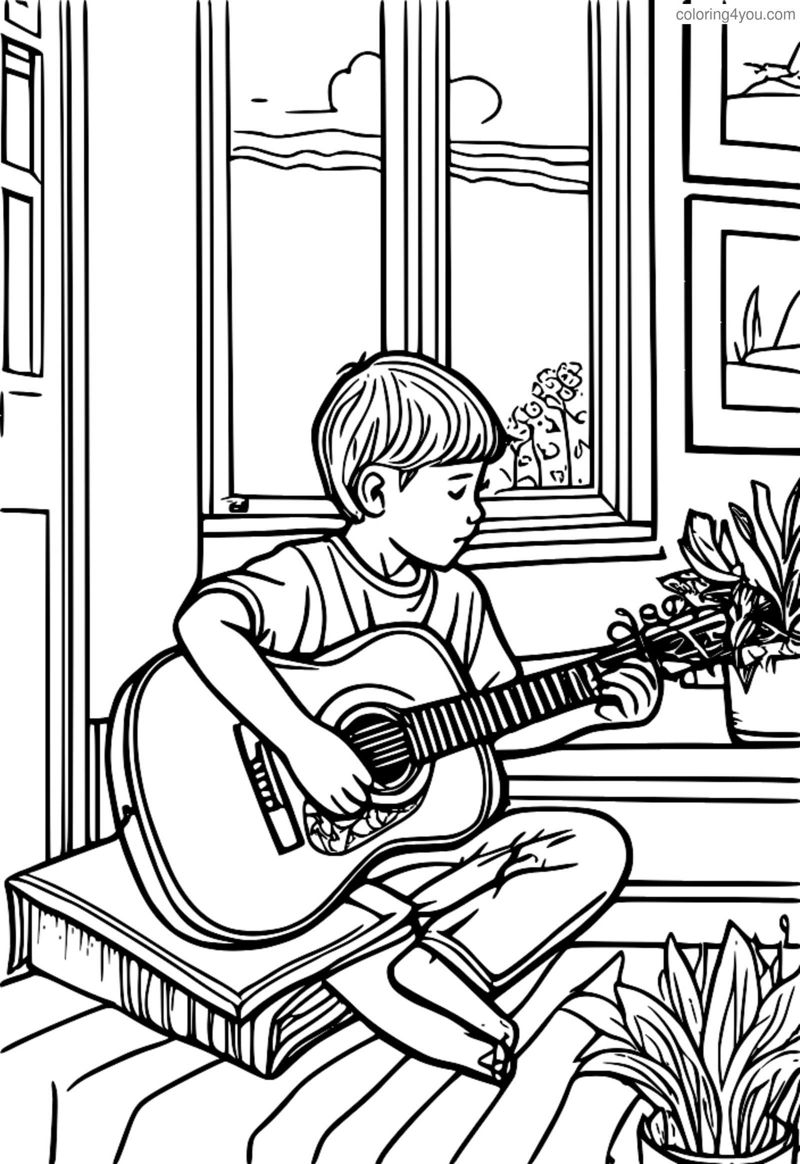 Un jeune garçon jouant de la guitare dans un cadre chaleureux, avec des partitions et des instruments visibles sur le canapé. Un jeune garçon jouant de la guitare dans un cadre chaleureux, avec des partitions et des instruments visibles sur le canapé.
