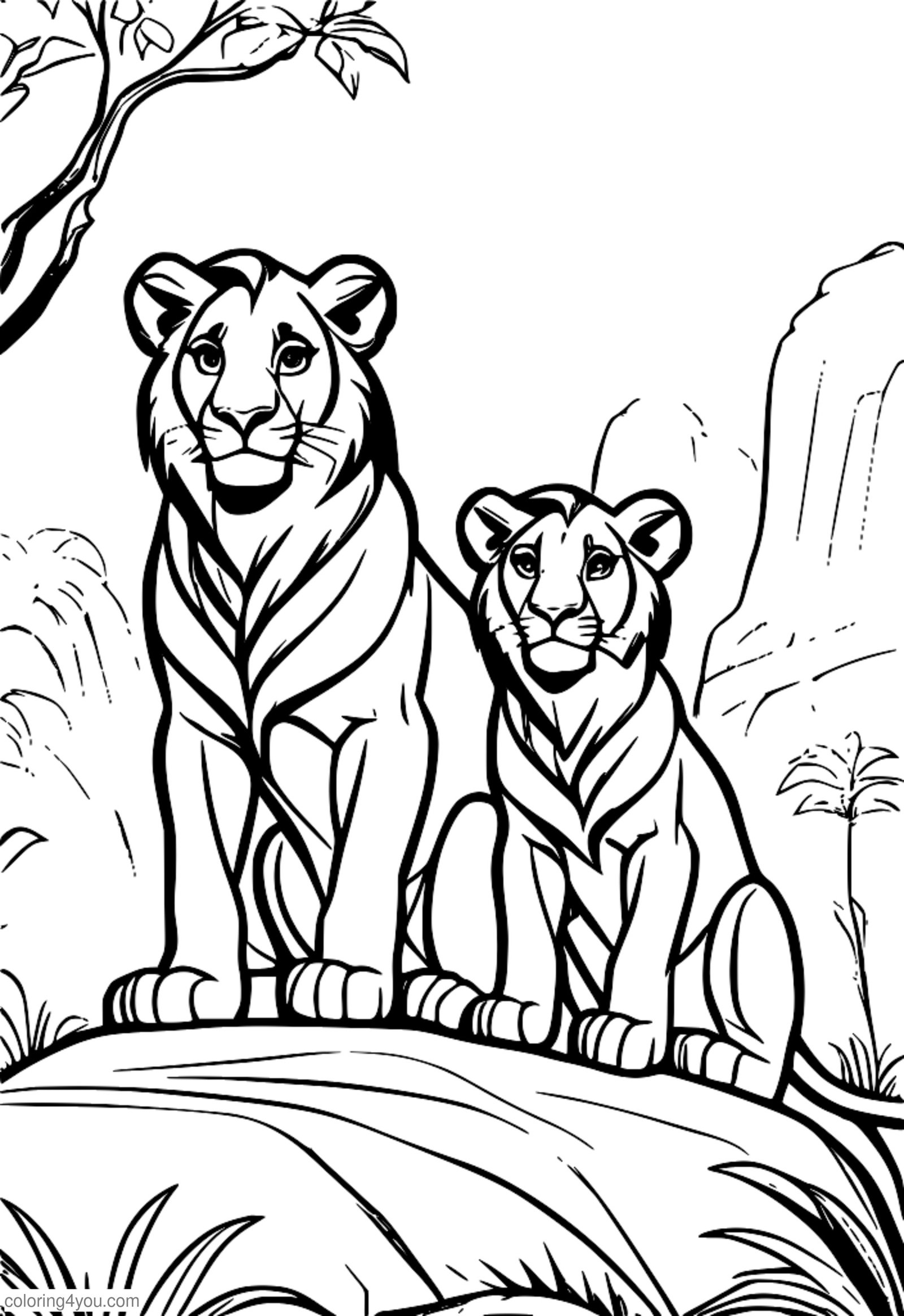 Simba und Nala sitzen auf Pride Rock und halten Pfoten Simba und Nala sitzen auf Pride Rock und halten Pfoten