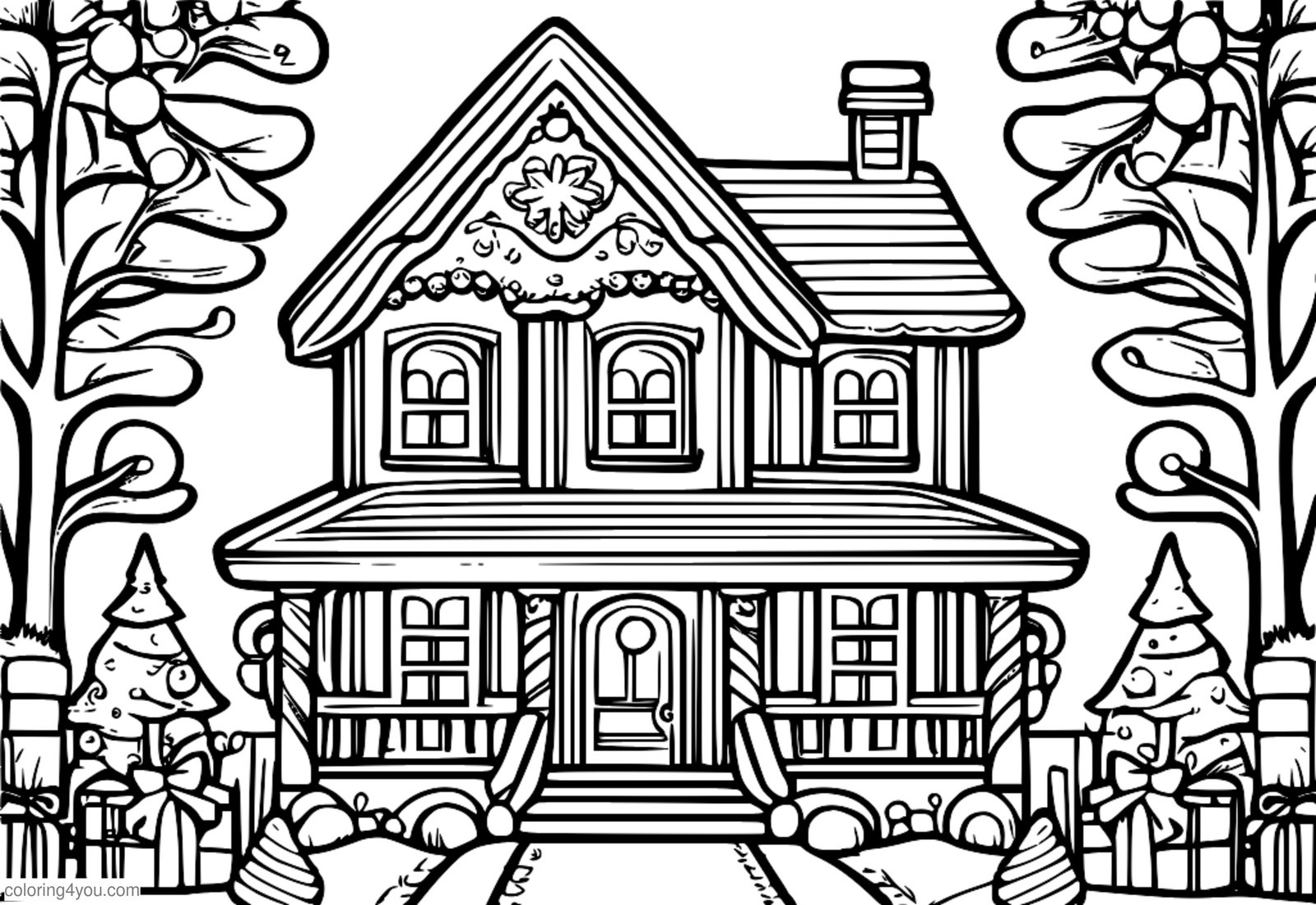 Casa de pão de gengibre para colorir de Natal com cobertura e doces Casa de pão de gengibre para colorir de Natal com cobertura e doces