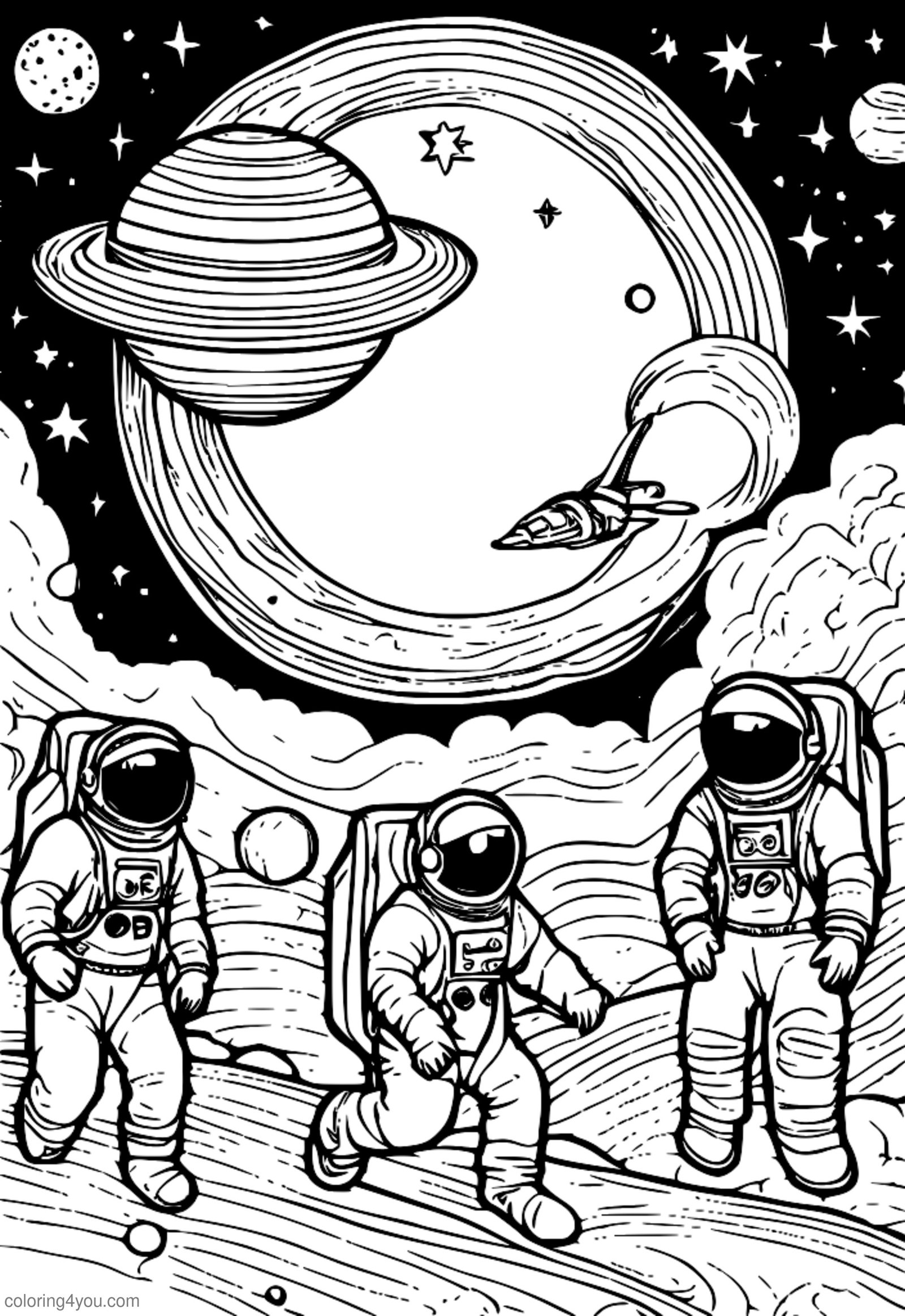 Angkasawan terapung dalam graviti sifar, dikelilingi oleh bintang dan planet Angkasawan terapung dalam graviti sifar, dikelilingi oleh bintang dan planet