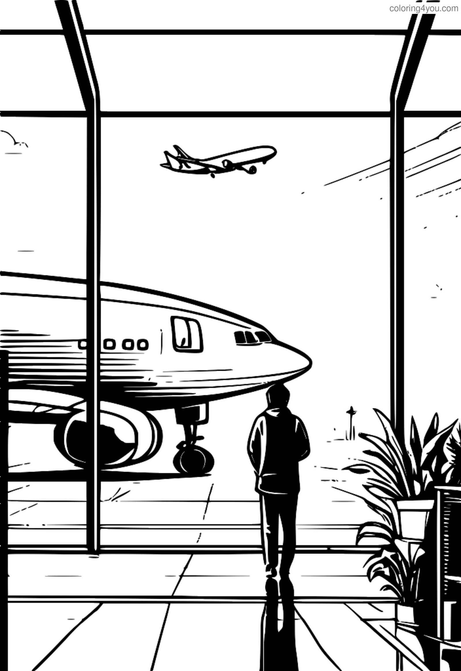 Pessoa parada em um aeroporto, olhando para um avião decolando Pessoa parada em um aeroporto, olhando para um avião decolando