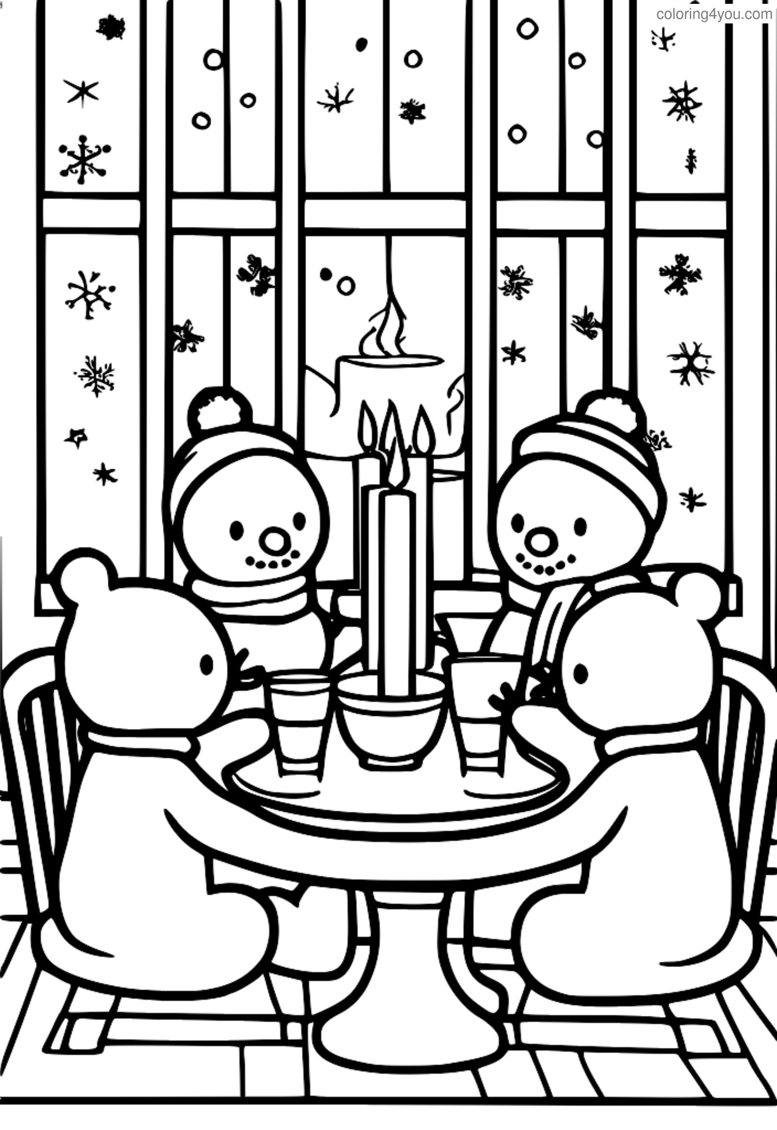 Gruppe snømenn som sitter rundt et bord med kopper med varm sjokolade, omgitt av snøflak og et knallrødt stearinlys Gruppe snømenn som sitter rundt et bord med kopper med varm sjokolade, omgitt av snøflak og et knallrødt stearinlys