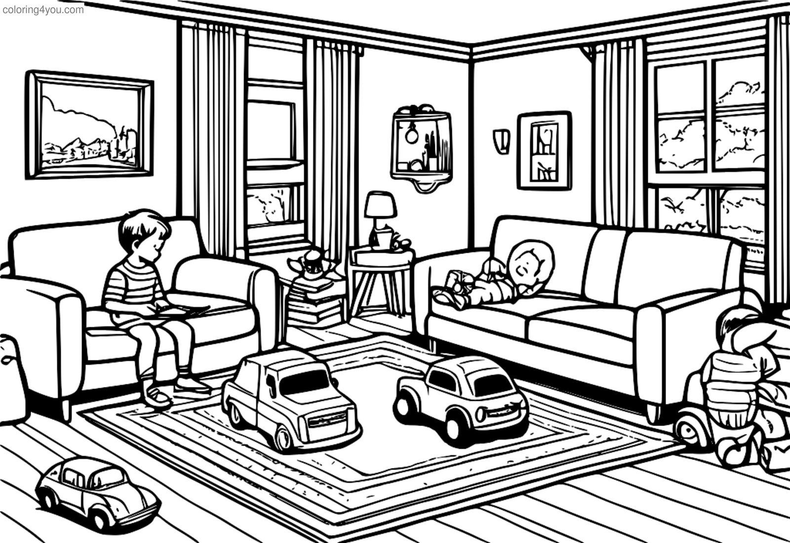 Kinder spielen Spielzeugautos in einem Wohnzimmer Kinder spielen Spielzeugautos in einem Wohnzimmer