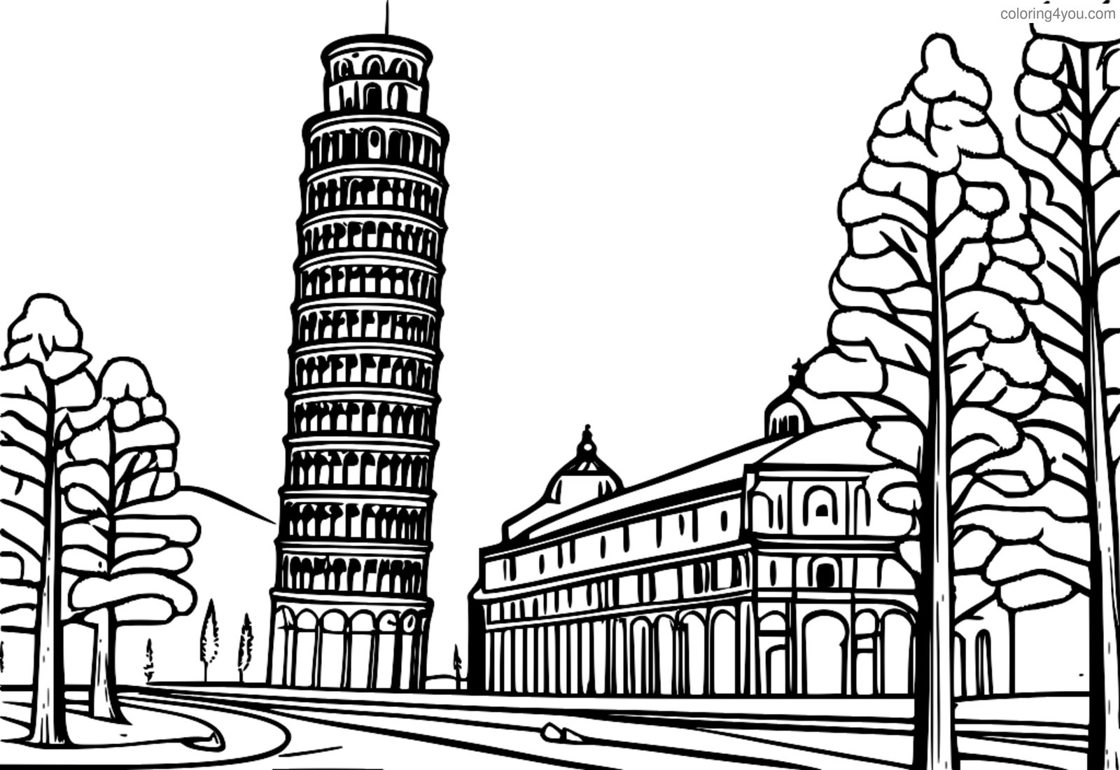 Malvorlage „Schiefer Turm von Pisa“ mit Winterlandschaft Malvorlage „Schiefer Turm von Pisa“ mit Winterlandschaft