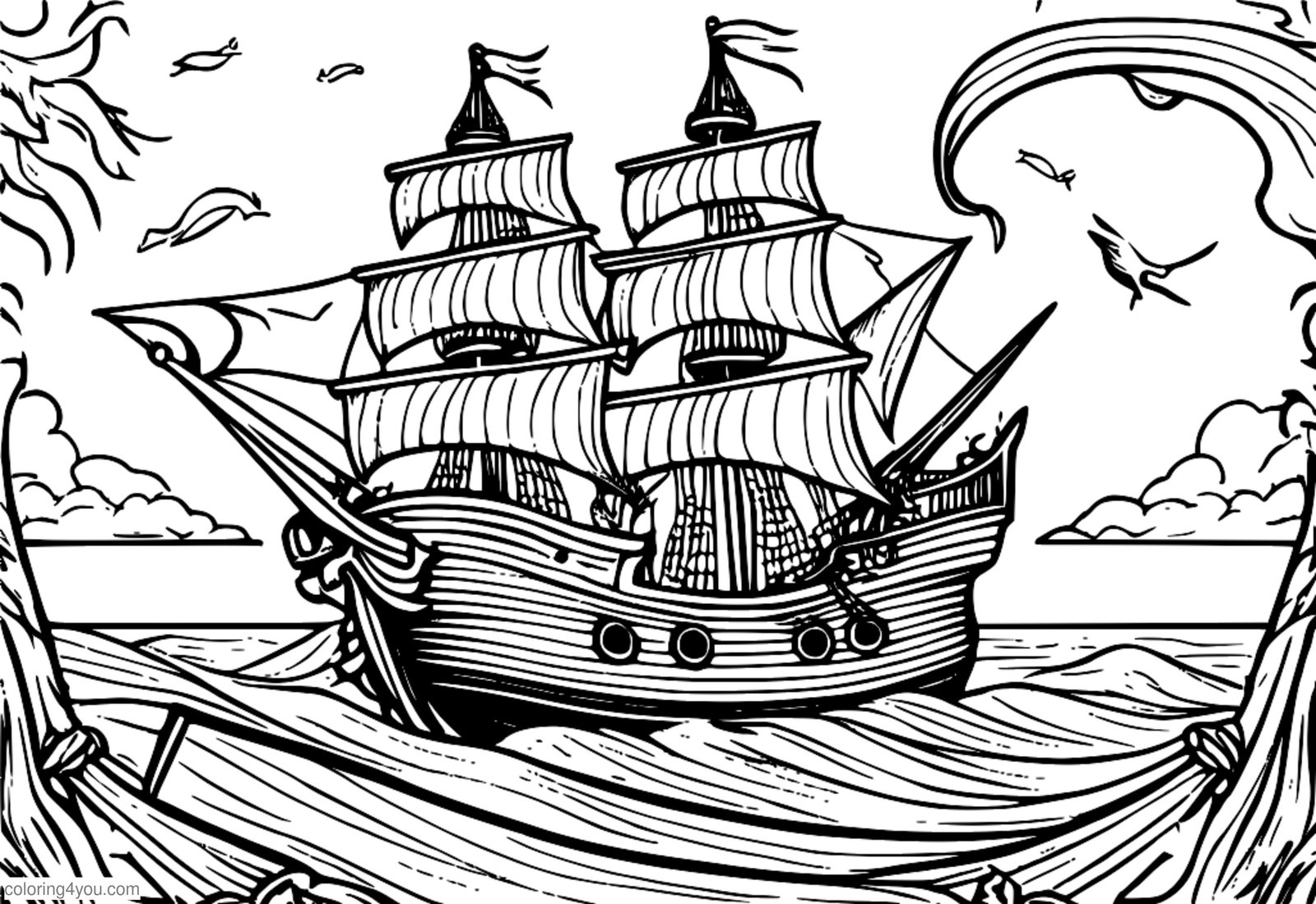 Piratskip med skjelettmannskap og flagg med hodeskalle og korsknokler vaier høyt Piratskip med skjelettmannskap og flagg med hodeskalle og korsknokler vaier høyt
