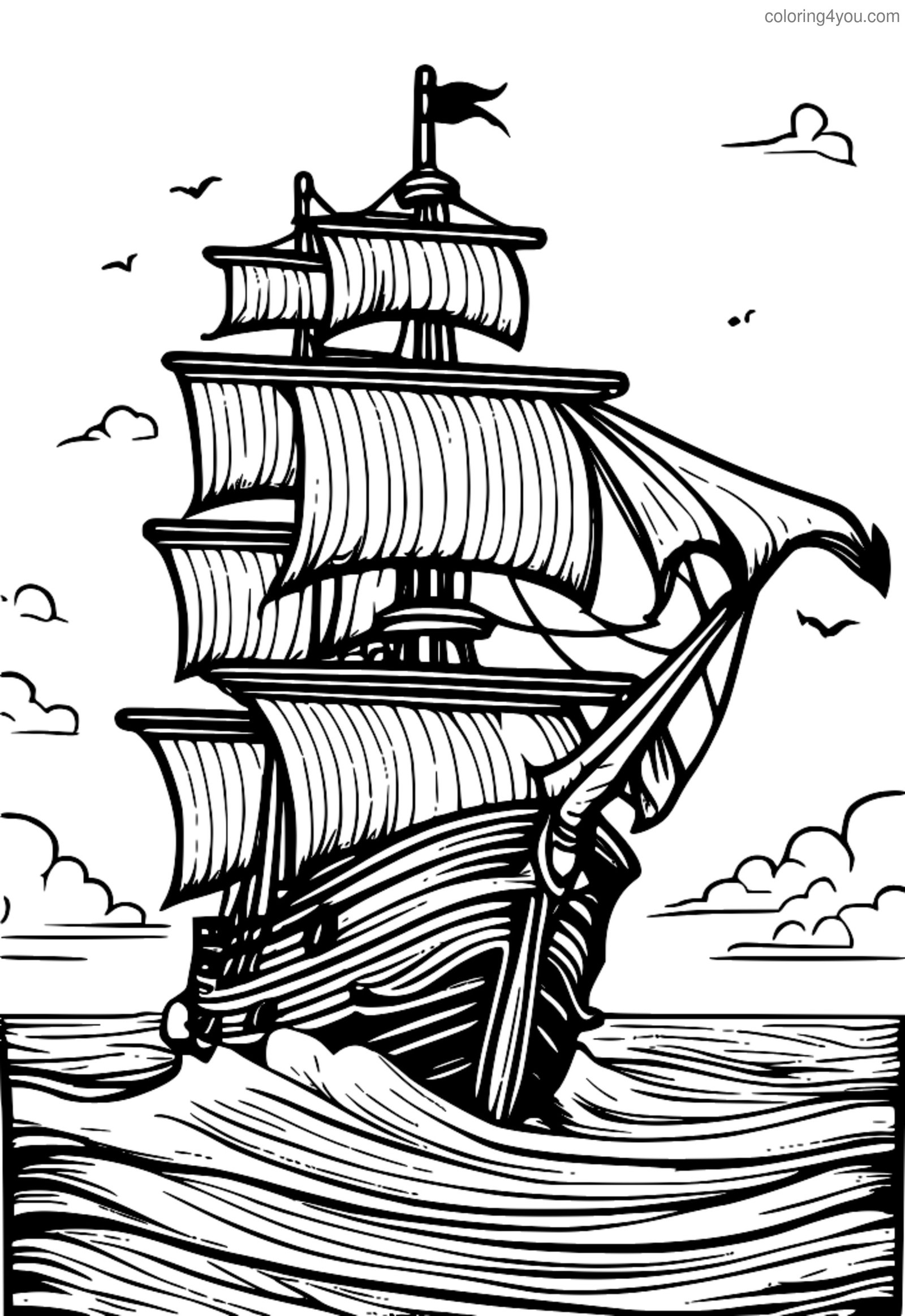 Piratskip med skjelettmannskap og flagg med hodeskalle og korsknokler vaier høyt Piratskip med skjelettmannskap og flagg med hodeskalle og korsknokler vaier høyt