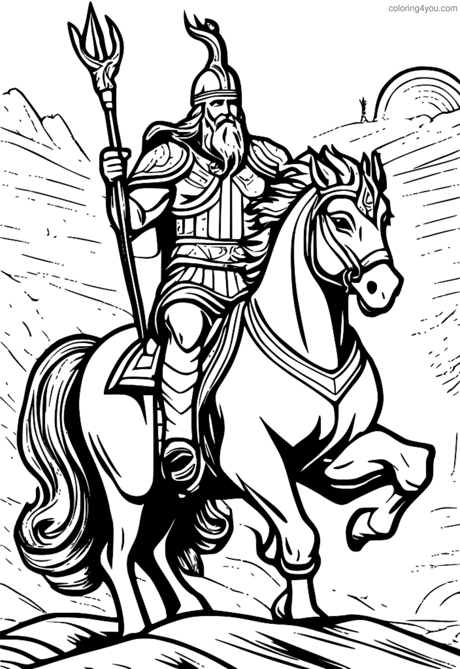 Odin menaiki Sleipnir dalam halaman pewarna Mitologi Norse yang indah ini Odin menaiki Sleipnir dalam halaman pewarna Mitologi Norse yang indah ini