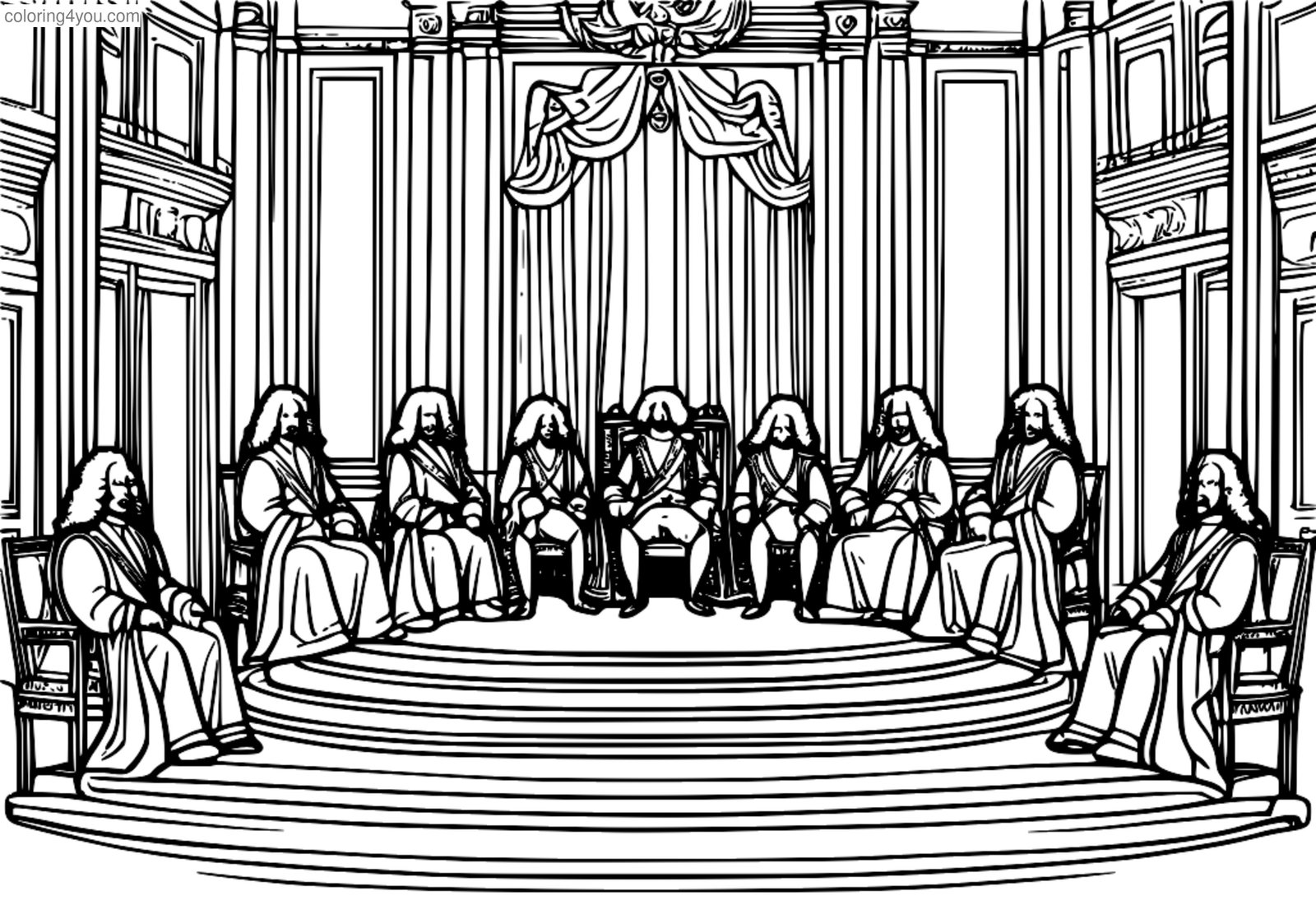 Kral Louis XIV tahtında oturuyor, etrafı saray muhafızlarıyla çevrili. Kral Louis XIV tahtında oturuyor, etrafı saray muhafızlarıyla çevrili.