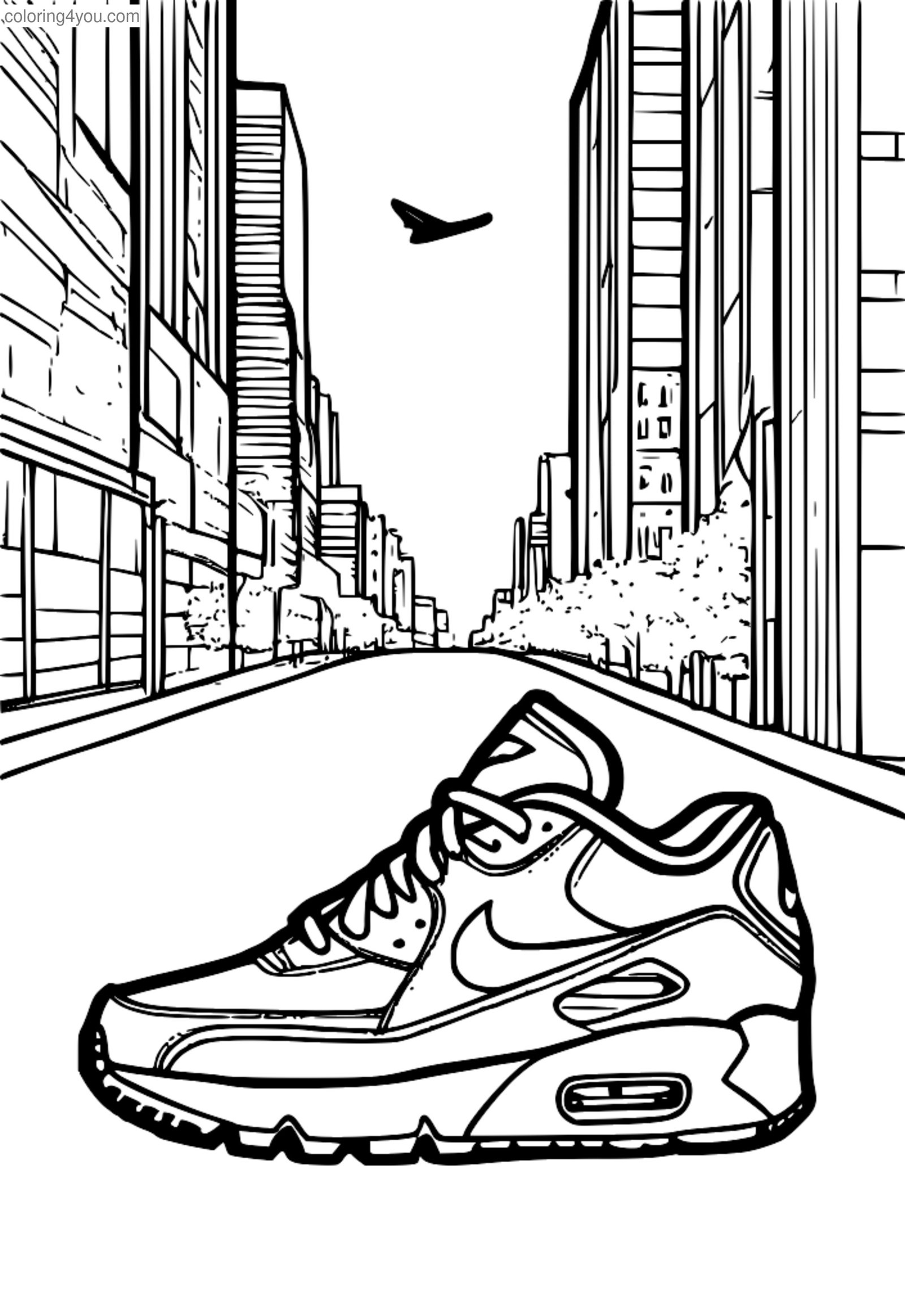 Halaman mewarna kasut Nike dengan reka bentuk yang berani dan terang Halaman mewarna kasut Nike dengan reka bentuk yang berani dan terang