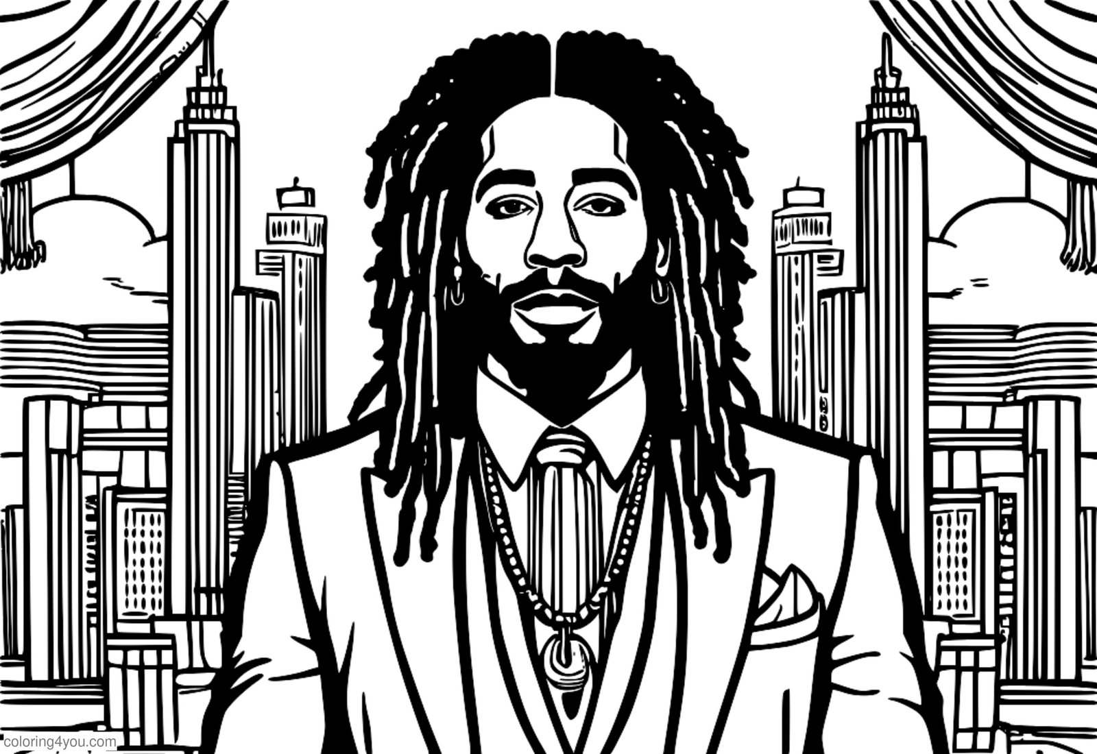 Barevná ilustrace rastafariánského muže v dredech a zářivém červenozlatém smokingu s hladkým zlatým řetízkem. Barevná ilustrace rastafariánského muže v dredech a zářivém červenozlatém smokingu s hladkým zlatým řetízkem.