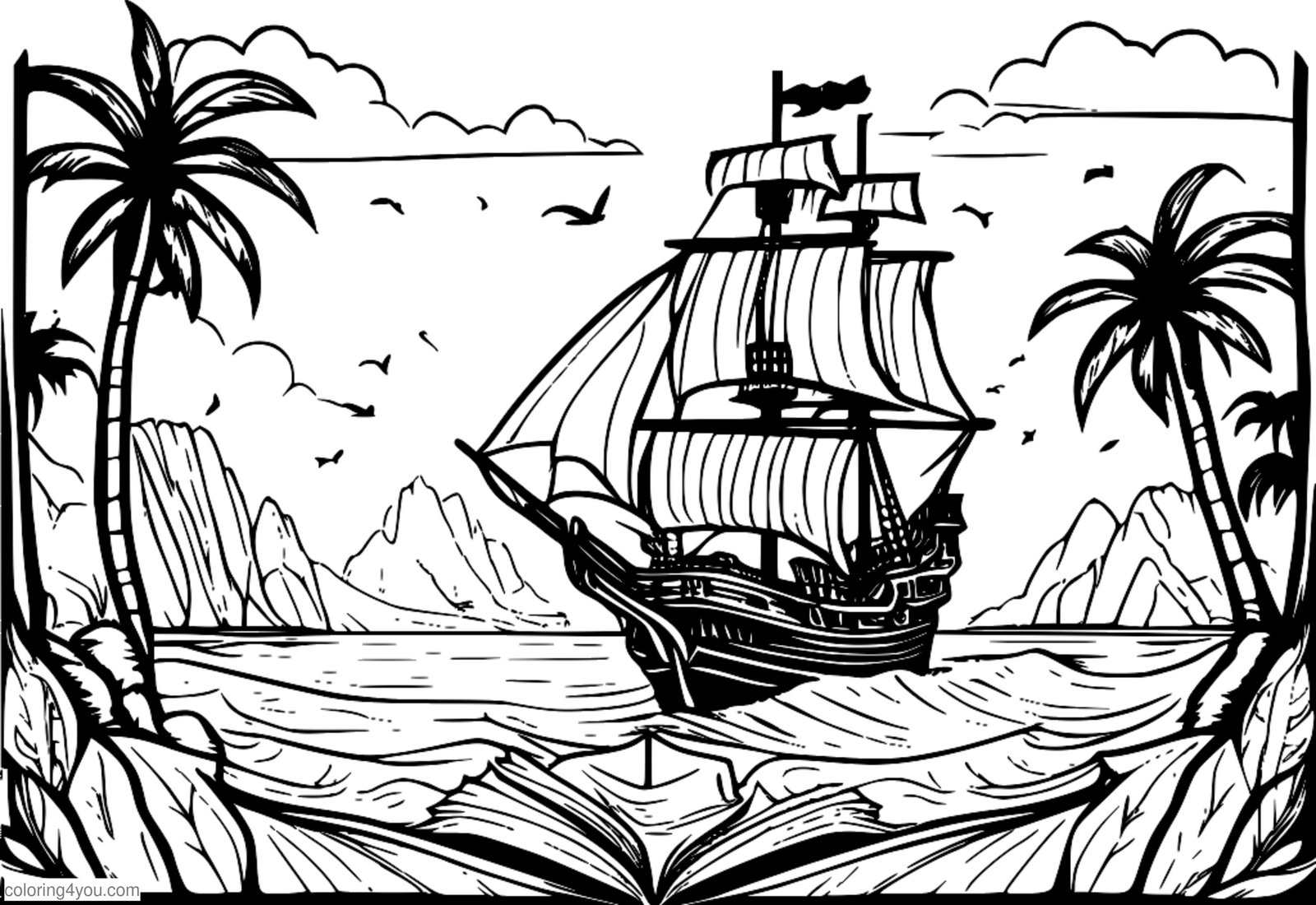 Piratska ladja pluje skozi kristalno čiste vode, obdane z otoki. Piratska ladja pluje skozi kristalno čiste vode, obdane z otoki.