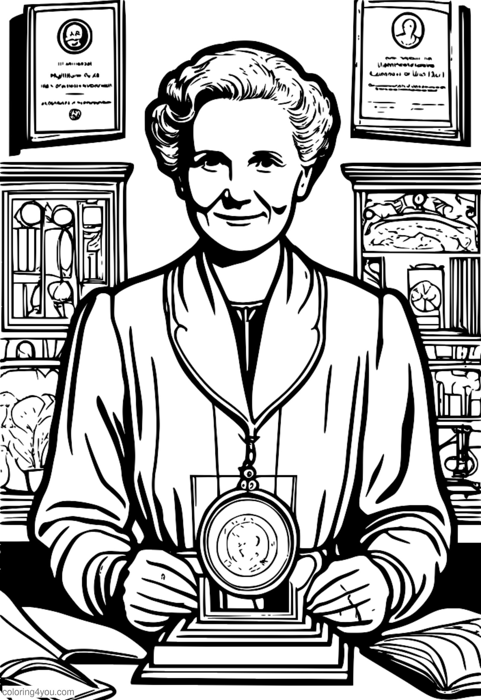 Marie Curie, Nobel Ödülü sertifikasına sahip, etrafı çeşitli bilimsel ekipmanlarla çevrili ve başarısının ihtişamı ifadesini doldururken gururla gülümsüyor. Marie Curie, Nobel Ödülü sertifikasına sahip, etrafı çeşitli bilimsel ekipmanlarla çevrili ve başarısının ihtişamı ifadesini doldururken gururla gülümsüyor.