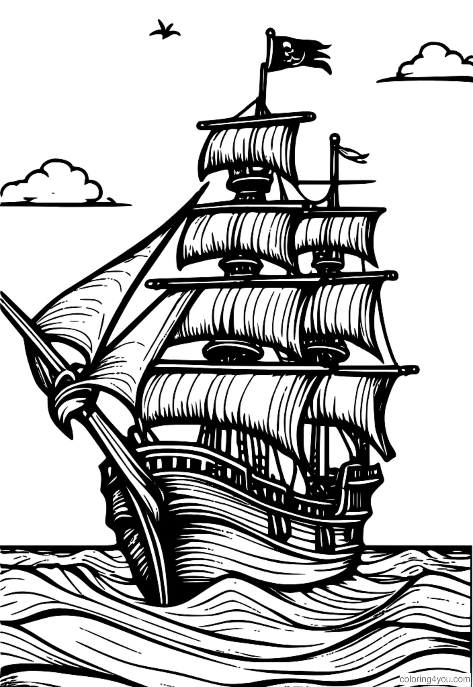 Πειρατικό πλοίο με σημαία Jolly Roger που κυματίζει ψηλά στην ανοιχτή θάλασσα Πειρατικό πλοίο με σημαία Jolly Roger που κυματίζει ψηλά στην ανοιχτή θάλασσα