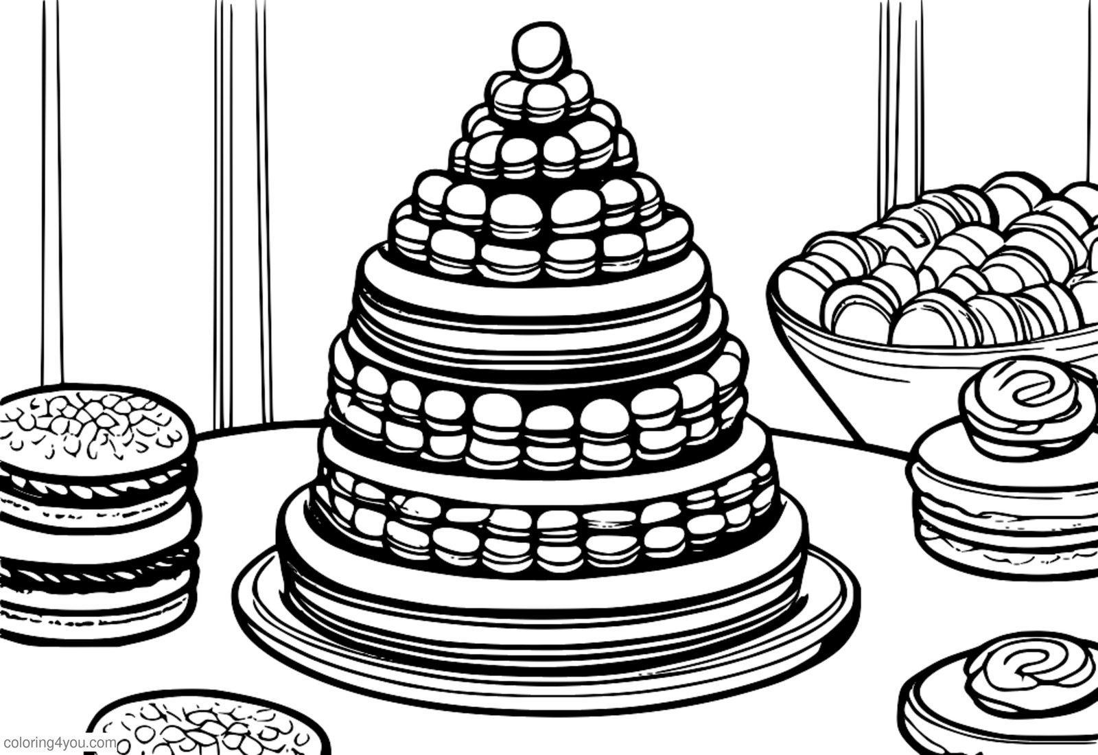 ilustração colorida de um croquembouche com uma camada de macarons. ilustração colorida de um croquembouche com uma camada de macarons.