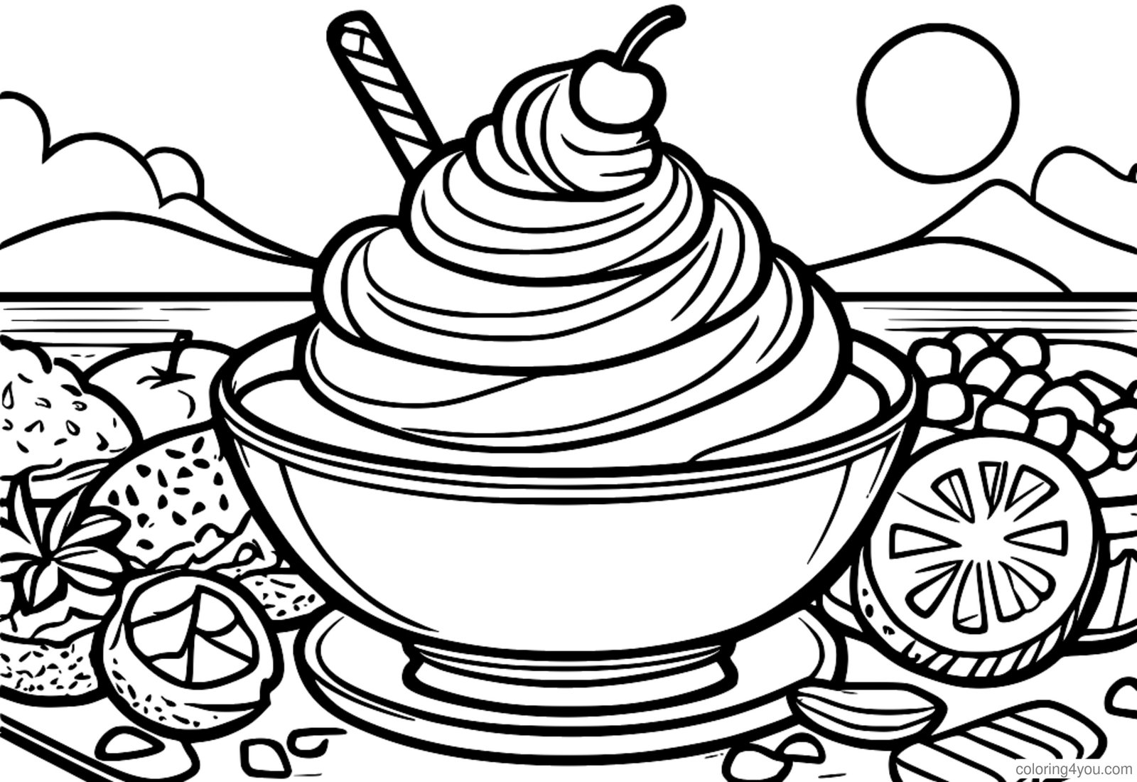 A colorful ice cream sundae with various toppings A colorful ice cream sundae with various toppings