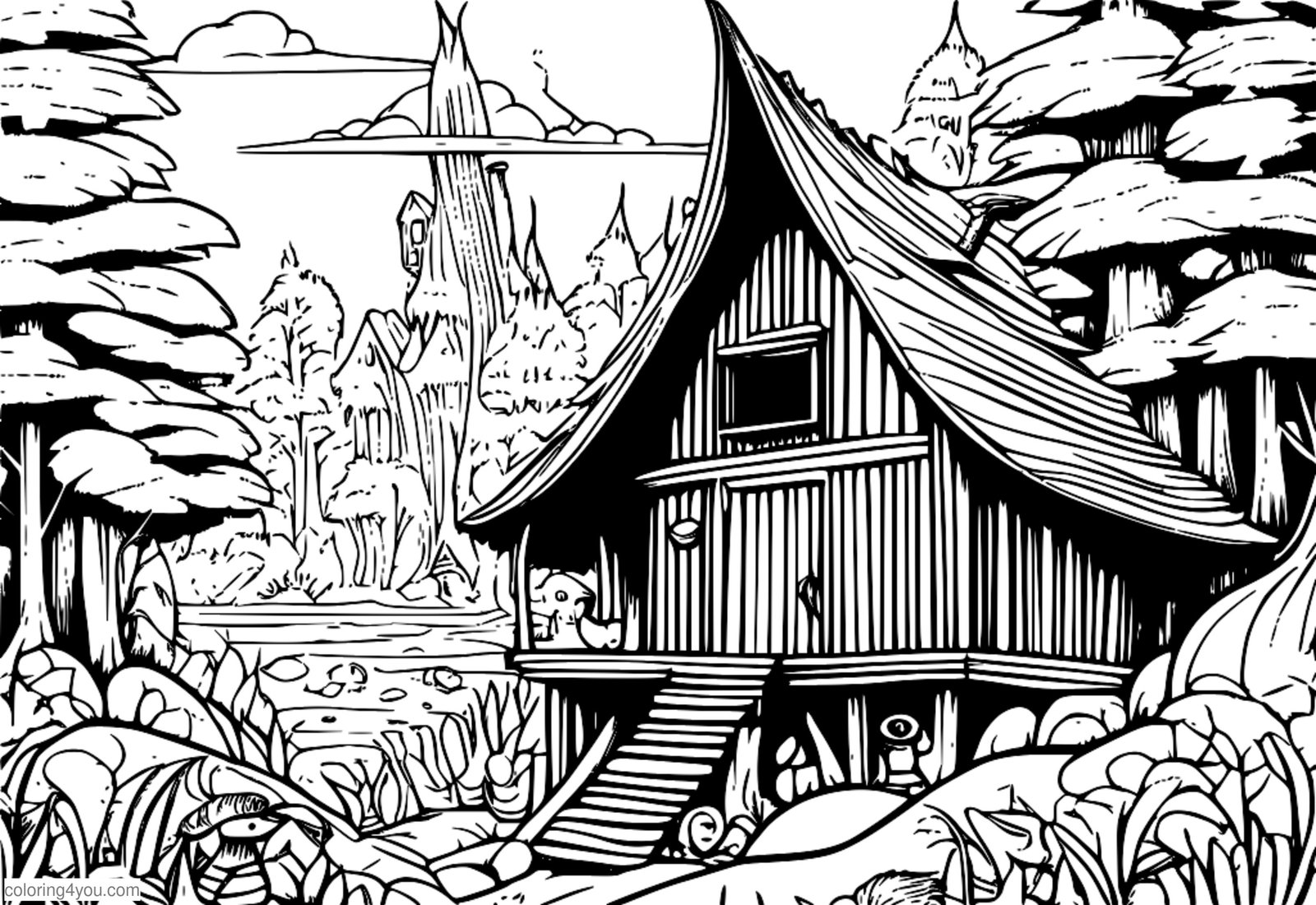 Kofi Baba Yaga á hænsnaleggjum með norn og töfraverum Kofi Baba Yaga á hænsnaleggjum með norn og töfraverum