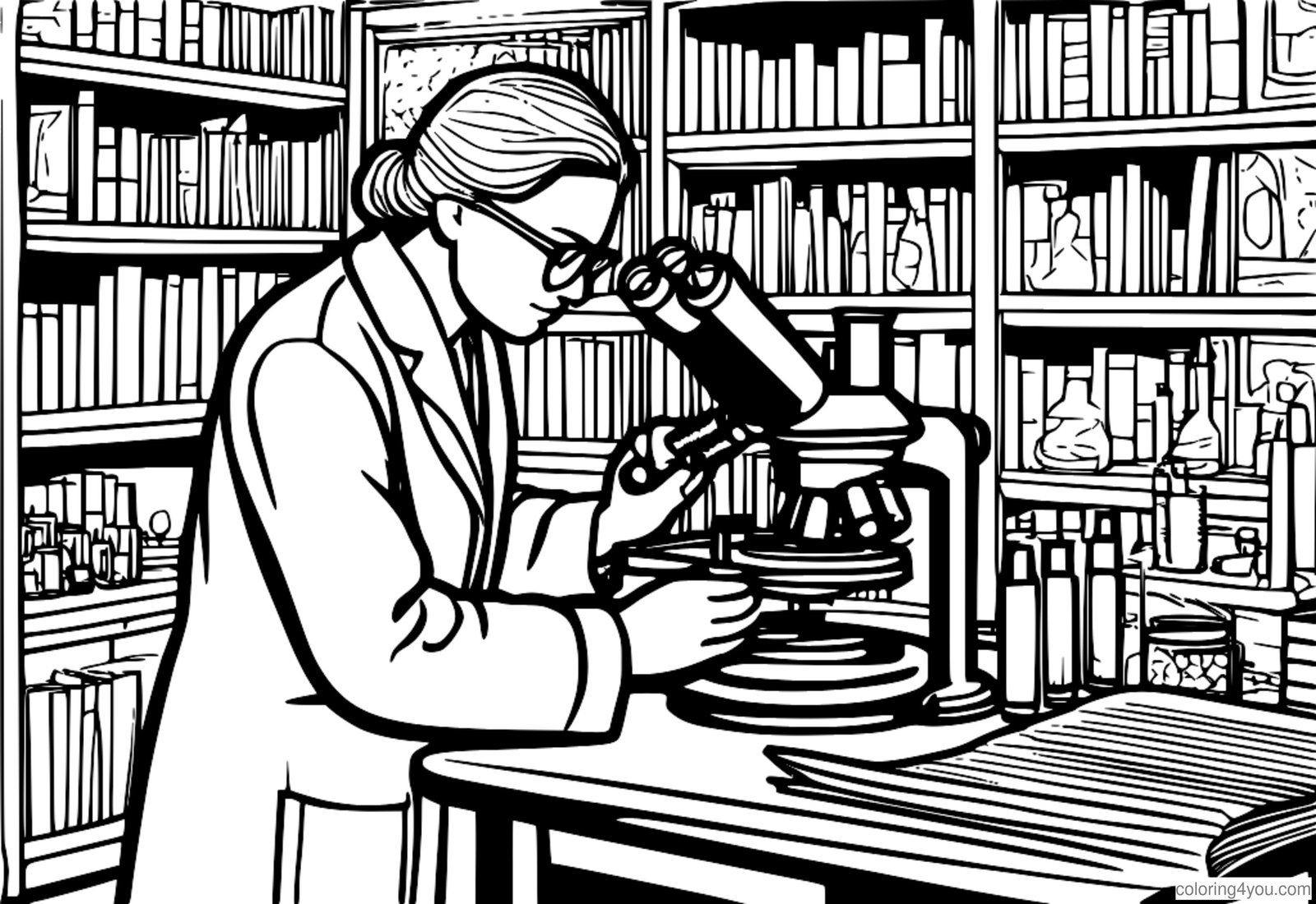 página para colorear de un científico con una bata de laboratorio usando un microscopio página para colorear de un científico con una bata de laboratorio usando un microscopio