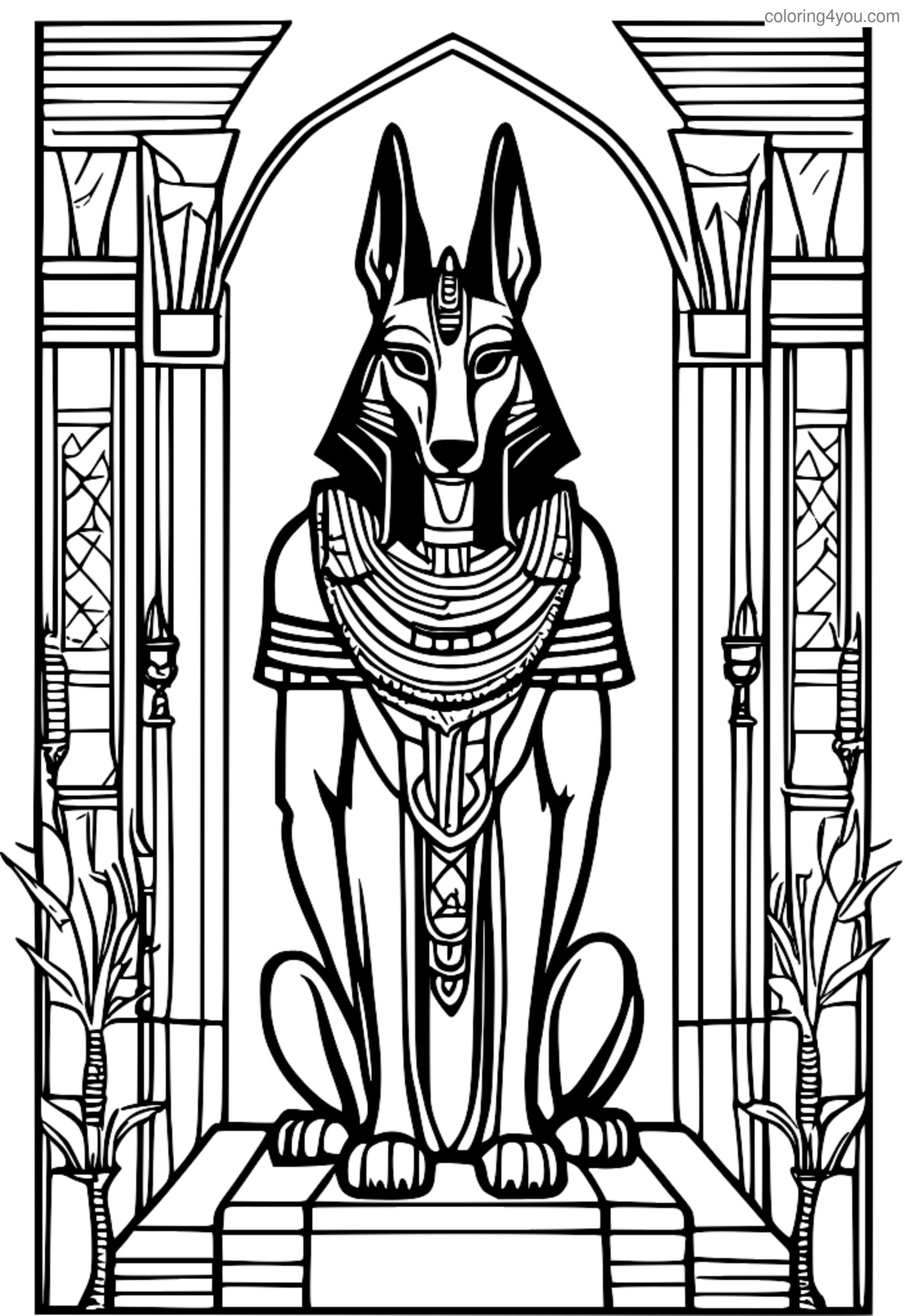 Anubis med et sjakalhoved stående foran en dyreguide Anubis med et sjakalhoved stående foran en dyreguide