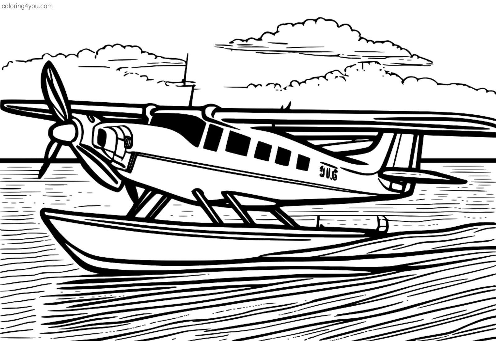 página para colorir de um hidroavião pousando em uma marina com vários barcos e iates. página para colorir de um hidroavião pousando em uma marina com vários barcos e iates.