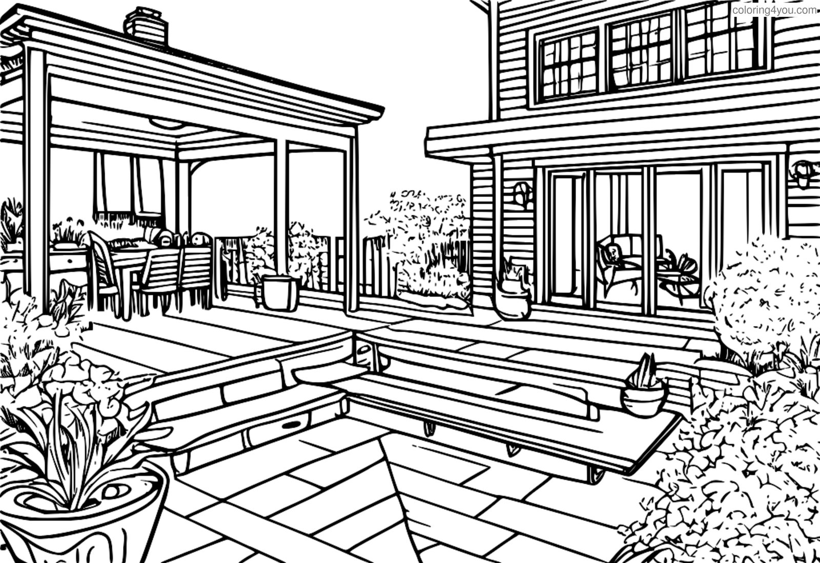 A vibrant outdoor patio filled with friends and family, surrounded by a beautiful garden. A vibrant outdoor patio filled with friends and family, surrounded by a beautiful garden.