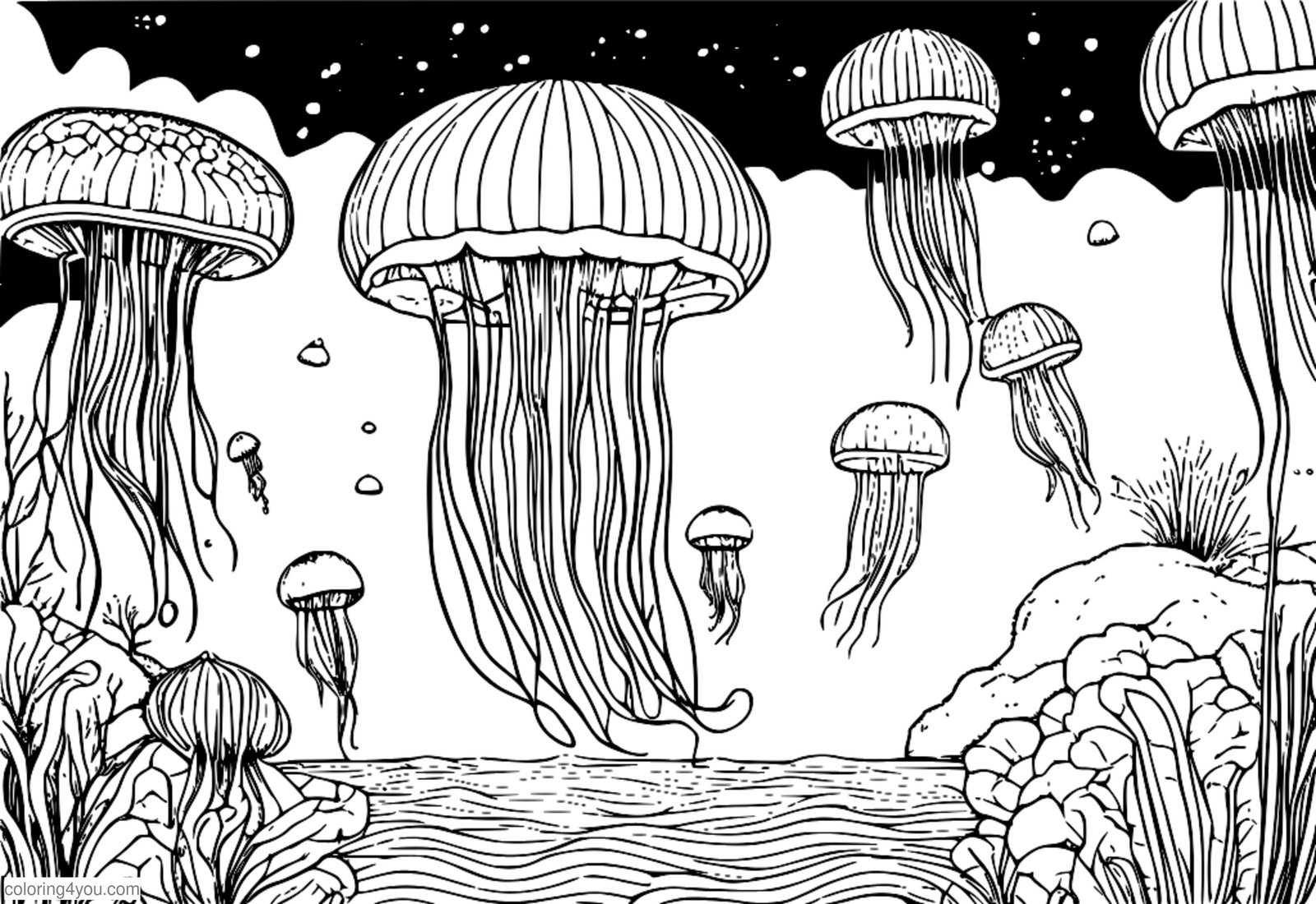 Gruppo di meduse luminose che galleggiano nell'oceano, con tenui colori pastello e dettagli intricati Gruppo di meduse luminose che galleggiano nell'oceano, con tenui colori pastello e dettagli intricati