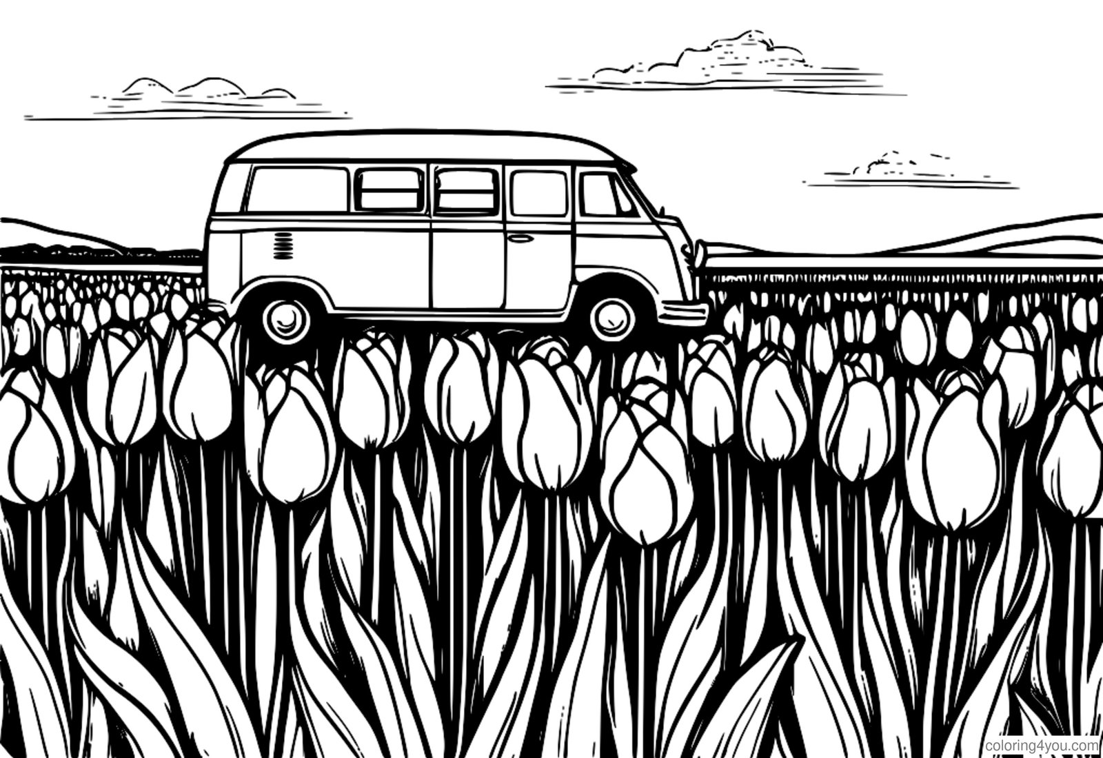 Kvetoucí tulipány v zahradě inspirované van Goghem Kvetoucí tulipány v zahradě inspirované van Goghem