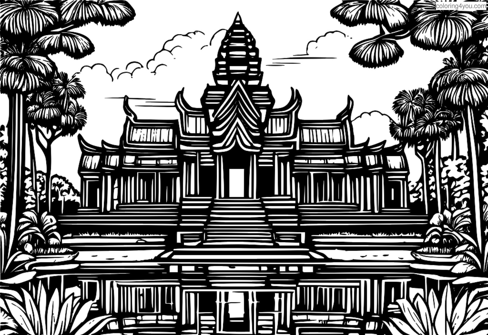Illustrazione mozzafiato dei giardini che circondano il tempio di Angkor Wat con fiori e alberi Illustrazione mozzafiato dei giardini che circondano il tempio di Angkor Wat con fiori e alberi