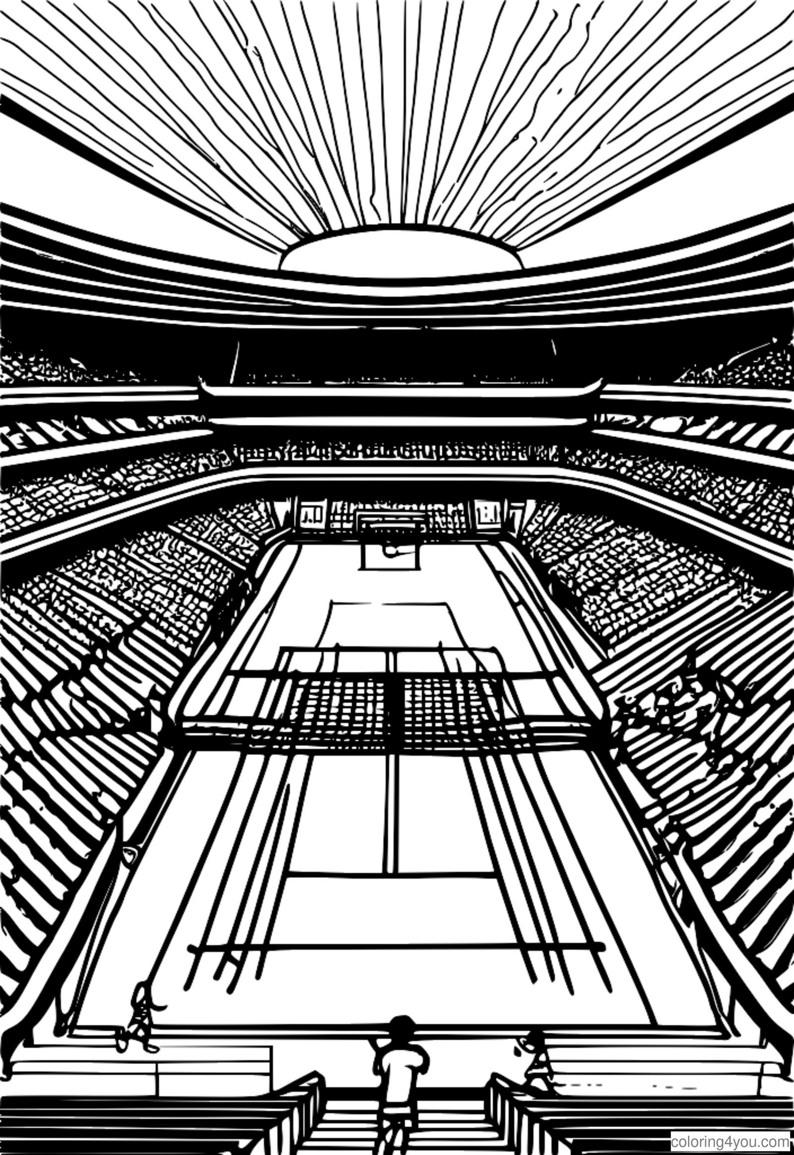 Eine überfüllte Tennisarena mit jubelnden und in den Gängen stehenden Fans. Eine überfüllte Tennisarena mit jubelnden und in den Gängen stehenden Fans.