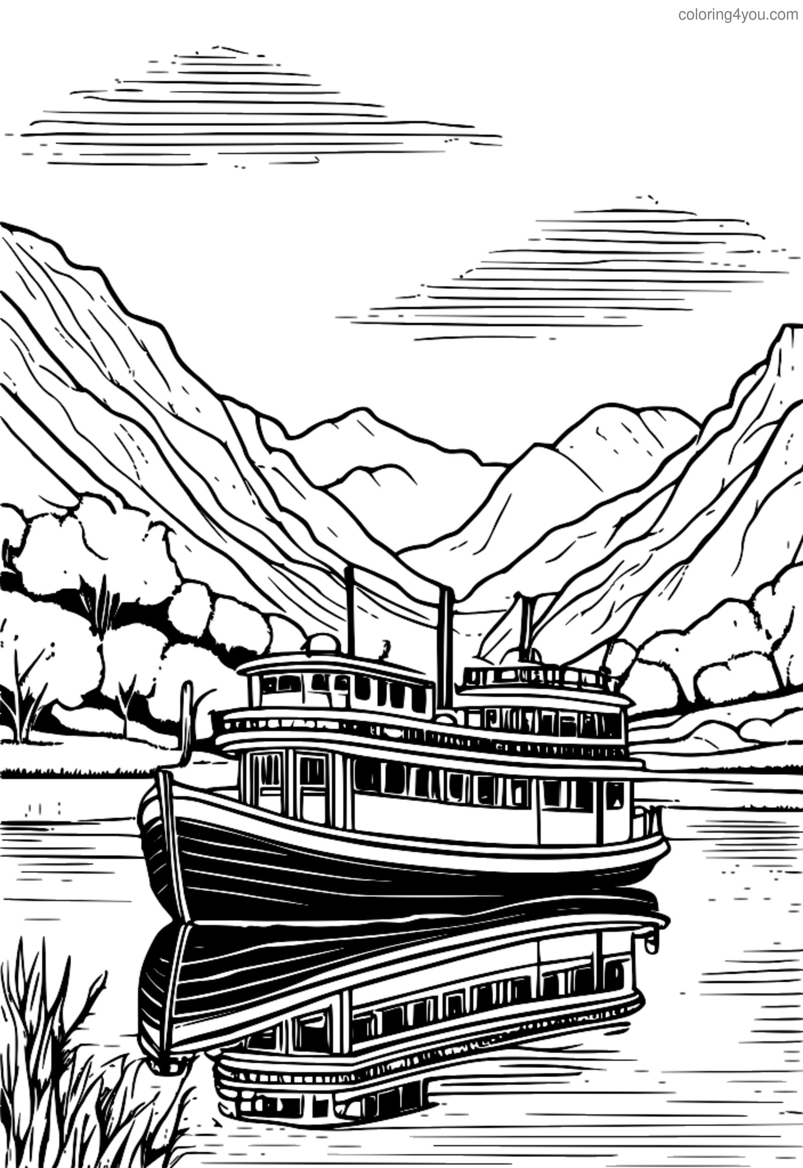 Kapal feri Vintage nyabrang kali sing tenang ing lanskap sing apik Kapal feri Vintage nyabrang kali sing tenang ing lanskap sing apik