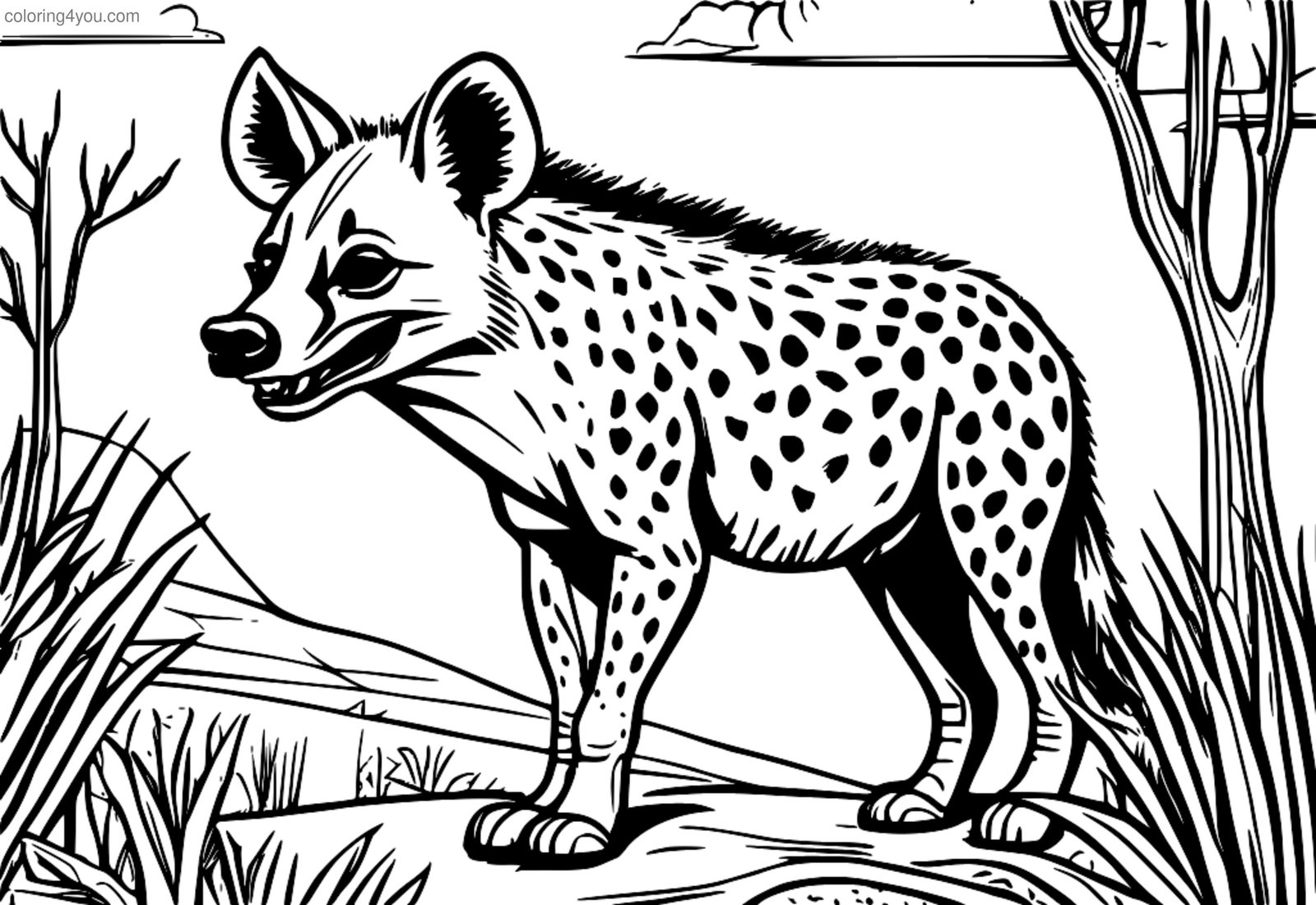 Skvrnitá hyena v safari klobouku a drsných botách a směje se Skvrnitá hyena v safari klobouku a drsných botách a směje se