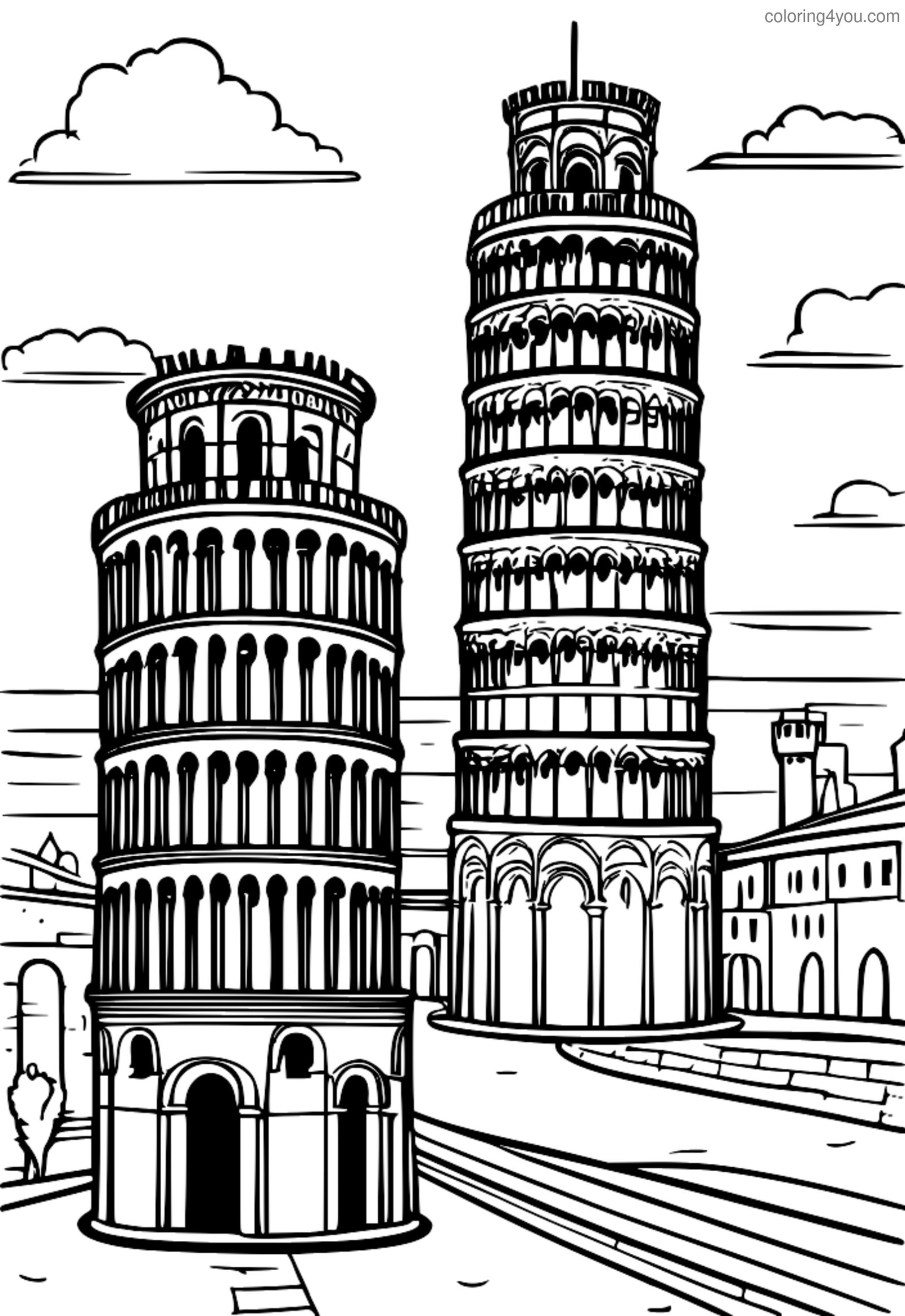Ausmalbild „Mittelalterlicher Schiefer Turm von Pisa“ mit Rittern und Wassergräben Ausmalbild „Mittelalterlicher Schiefer Turm von Pisa“ mit Rittern und Wassergräben